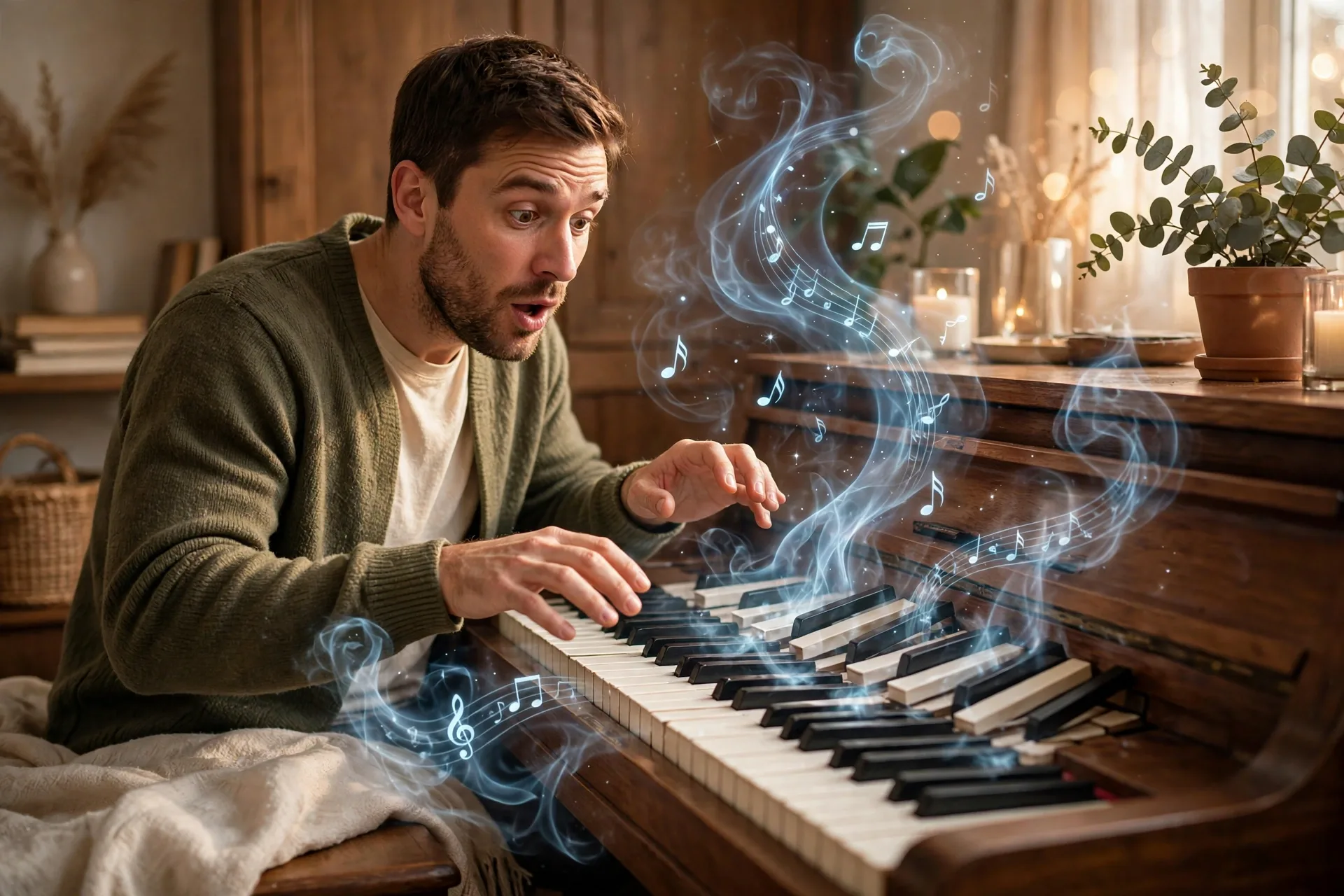 An actor miming piano keys pressing themselves down while a ghostly tune plays