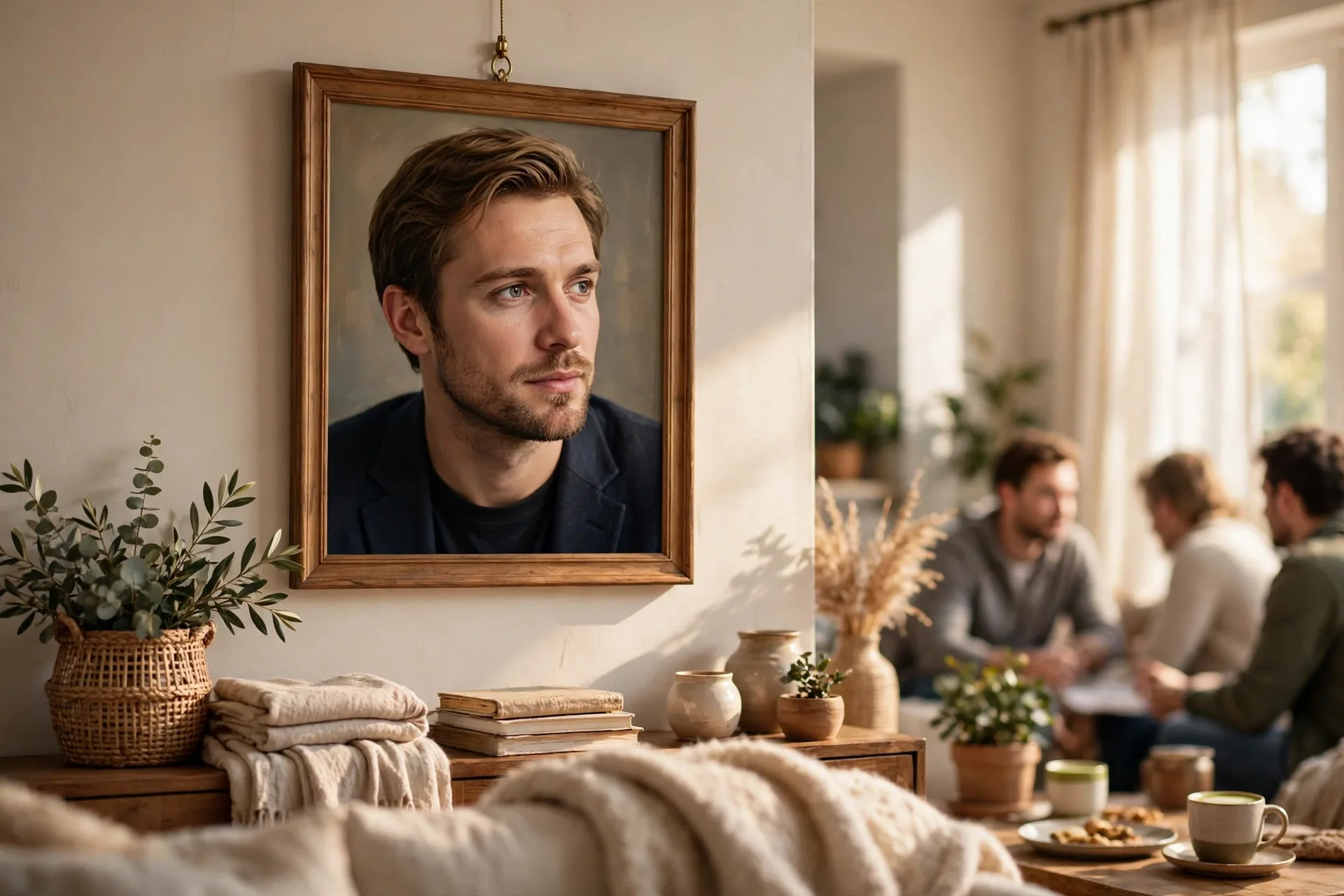 An actor framed like a portrait on a wall, with eyes that slowly follow the team around the room