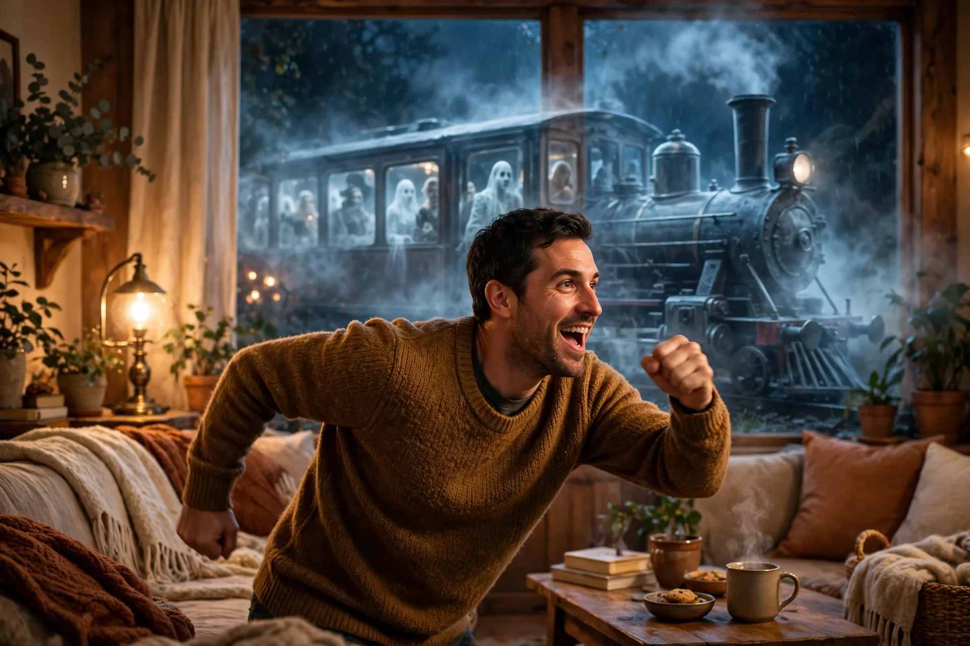 An actor chugging like a haunted train rolling through the night with ghostly passengers