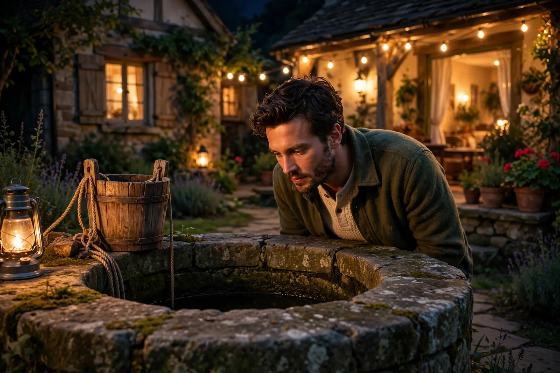 An actor leaning over an old stone well, listening as it whispers back at midnight