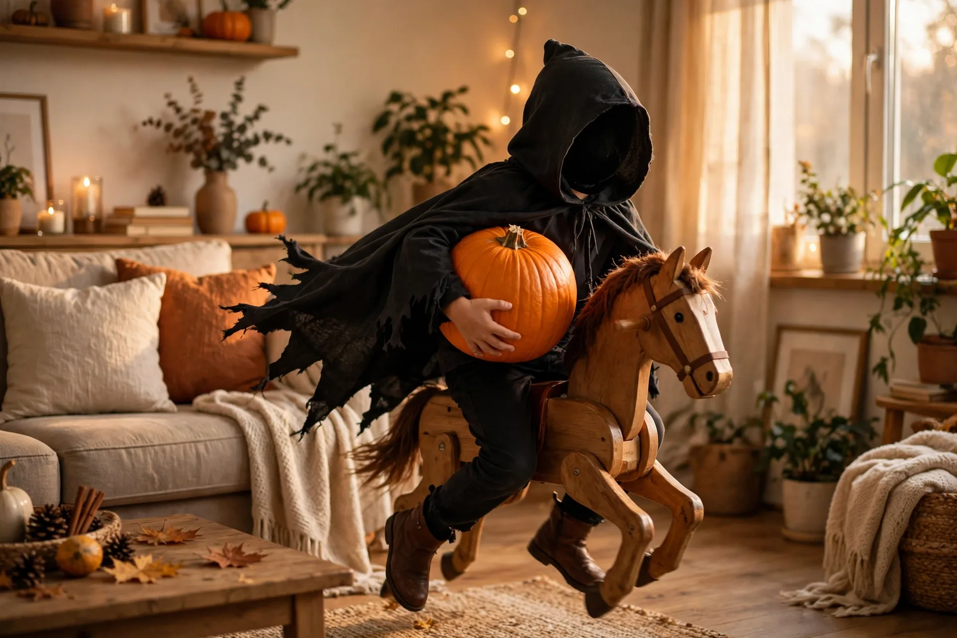 A child acting as the Headless Horseman galloping with a pumpkin under one arm