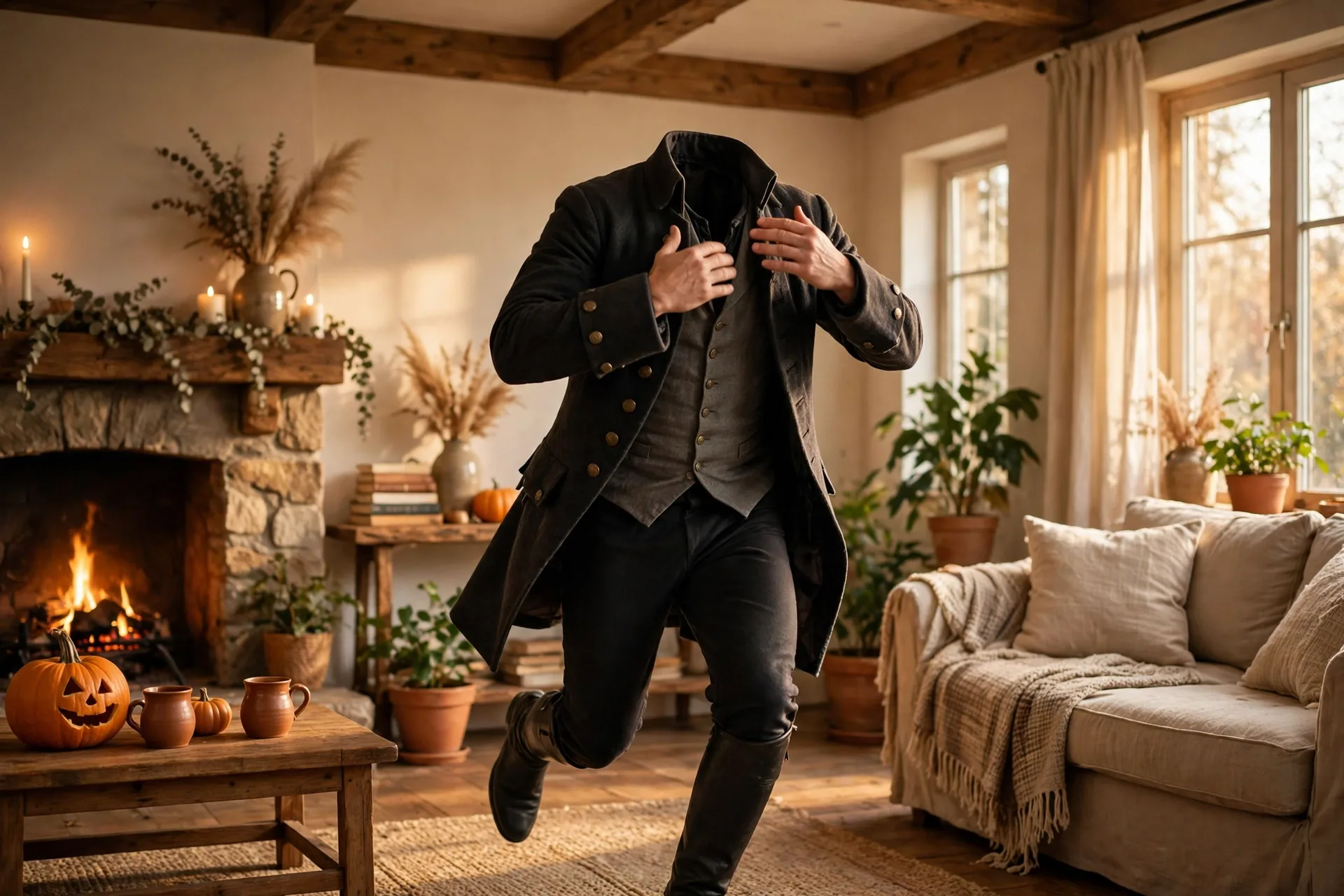 An actor galloping like the Headless Horseman, then patting empty arms where the pumpkin head was