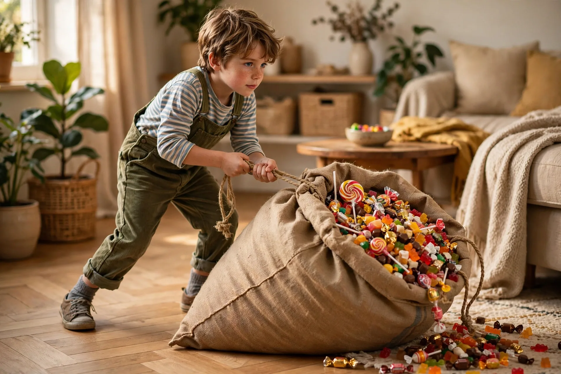 A child actor dragging a huge heavy candy bag across the floor with both hands