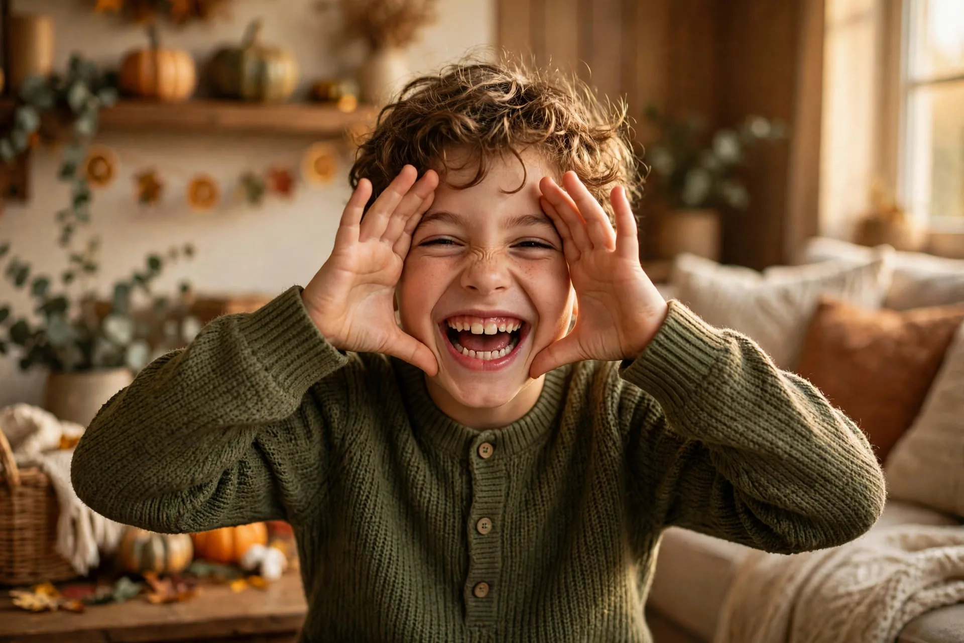 A child actor making a big jack-o-lantern grin with hands framing a round pumpkin face