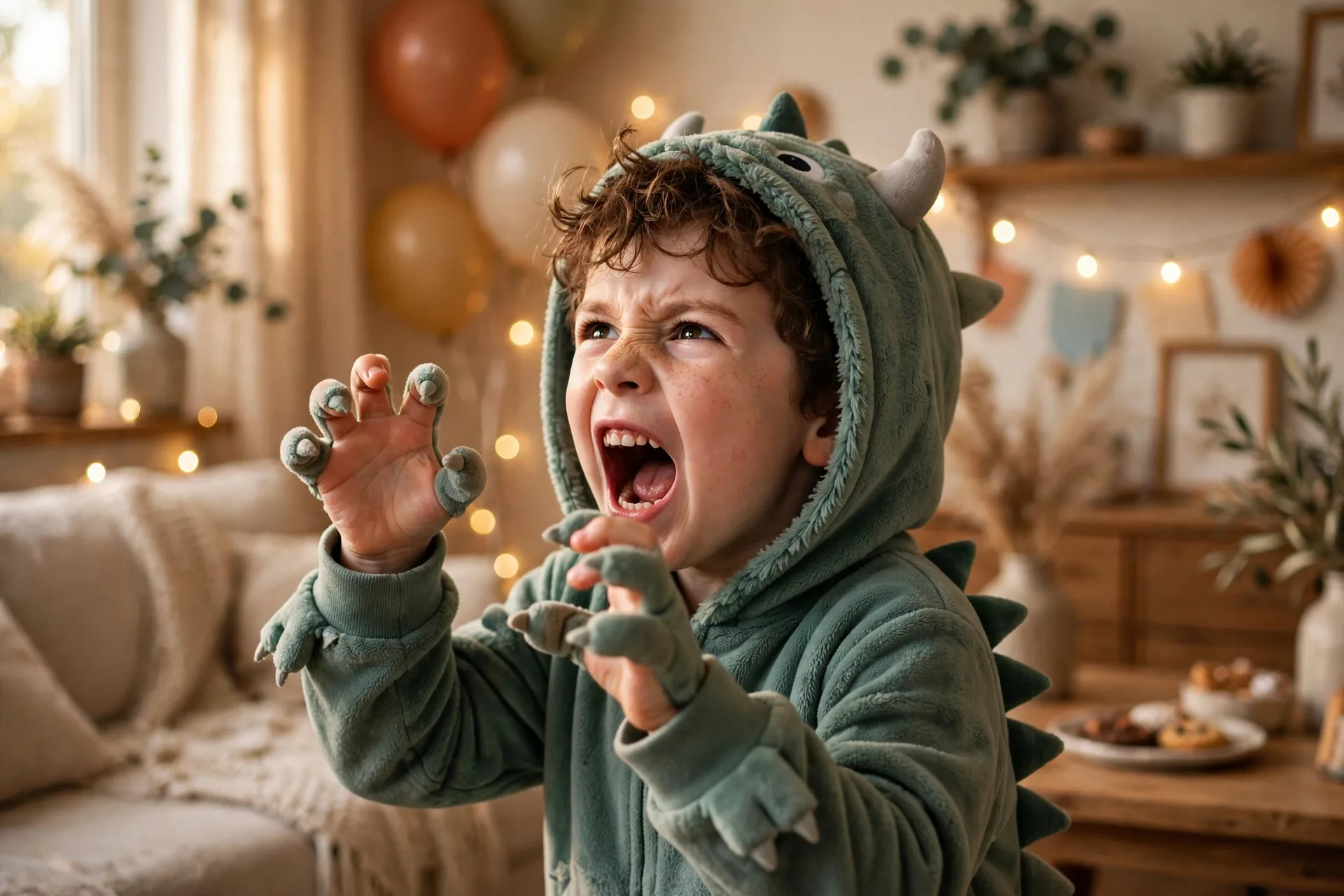 A small child actor roaring softly like a little monster with tiny claws up at a party