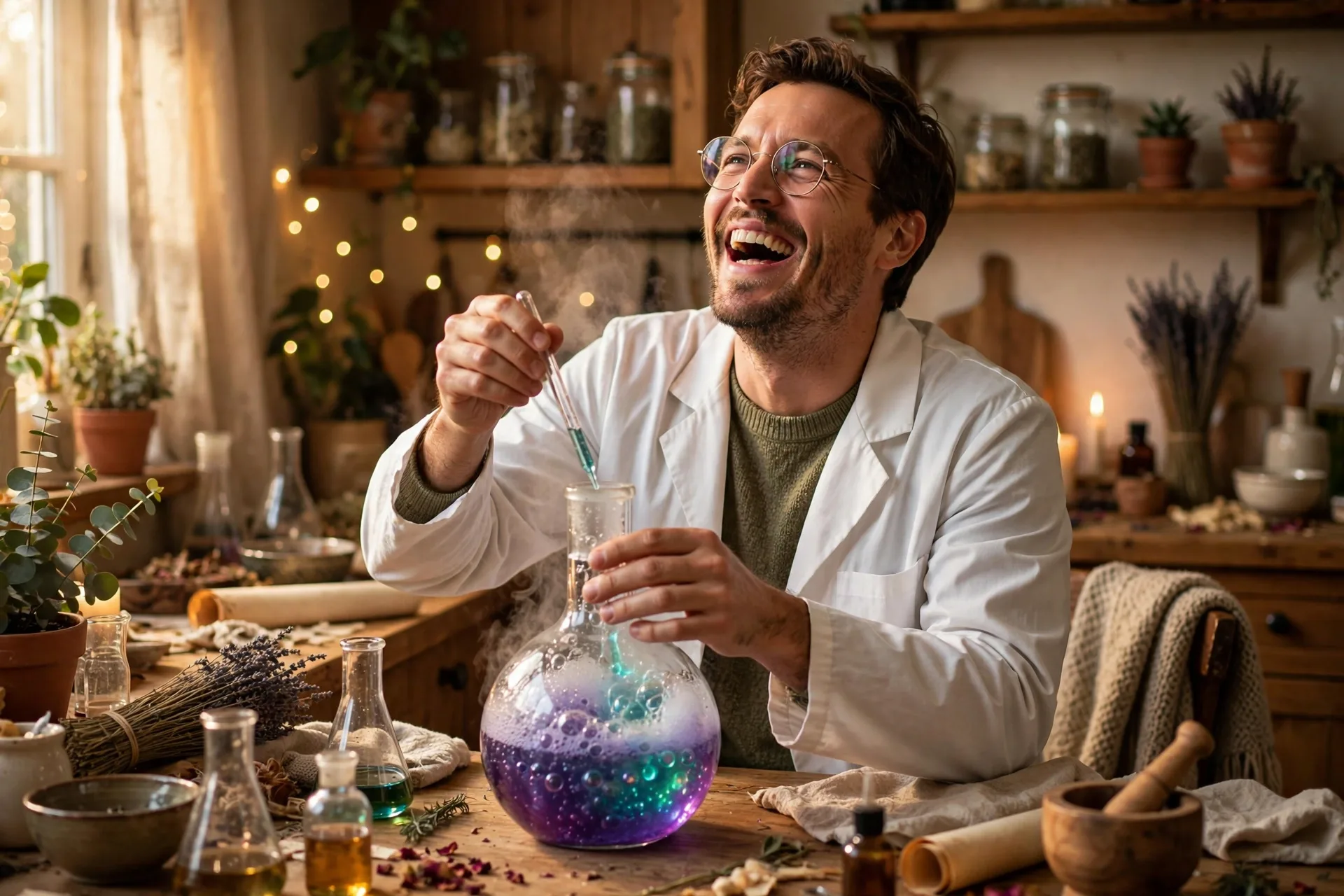 An actor in an imaginary lab coat mixing a bubbling potion and laughing like a mad scientist
