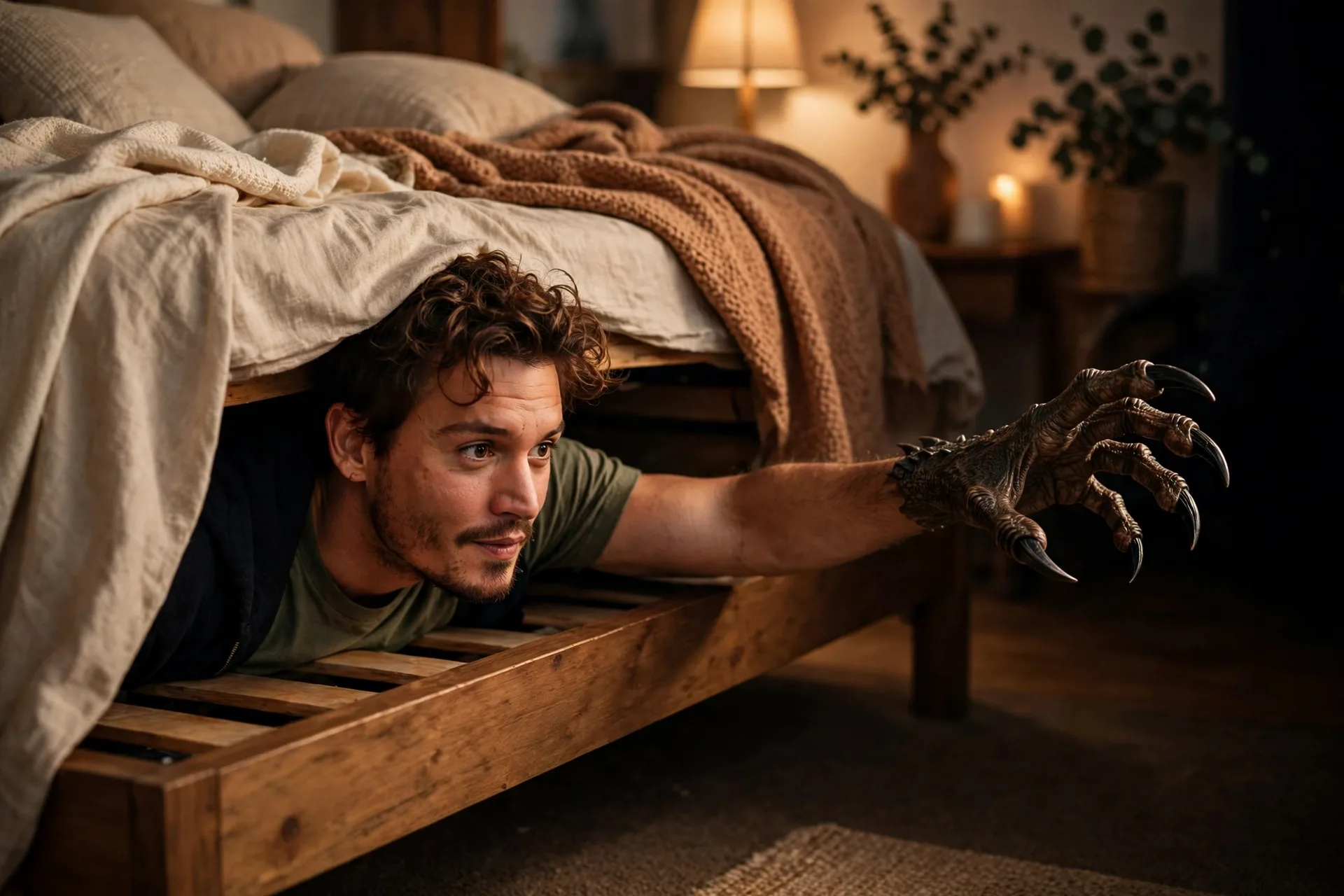 An actor hiding under an imaginary bed, reaching one clawed hand out into the dark