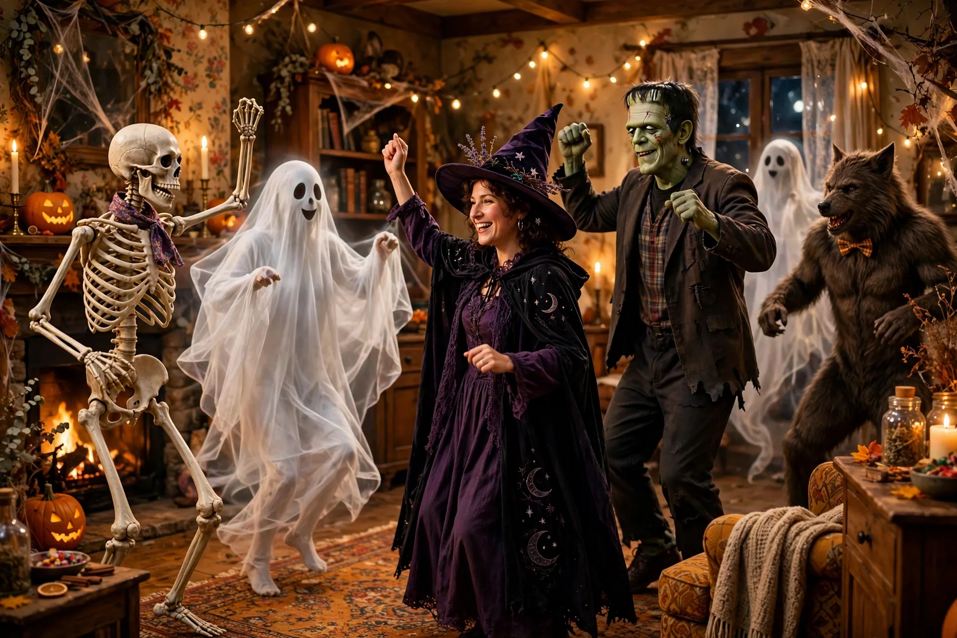 All the monsters dancing together at a party in a haunted house, skeletons, ghosts, and witches
