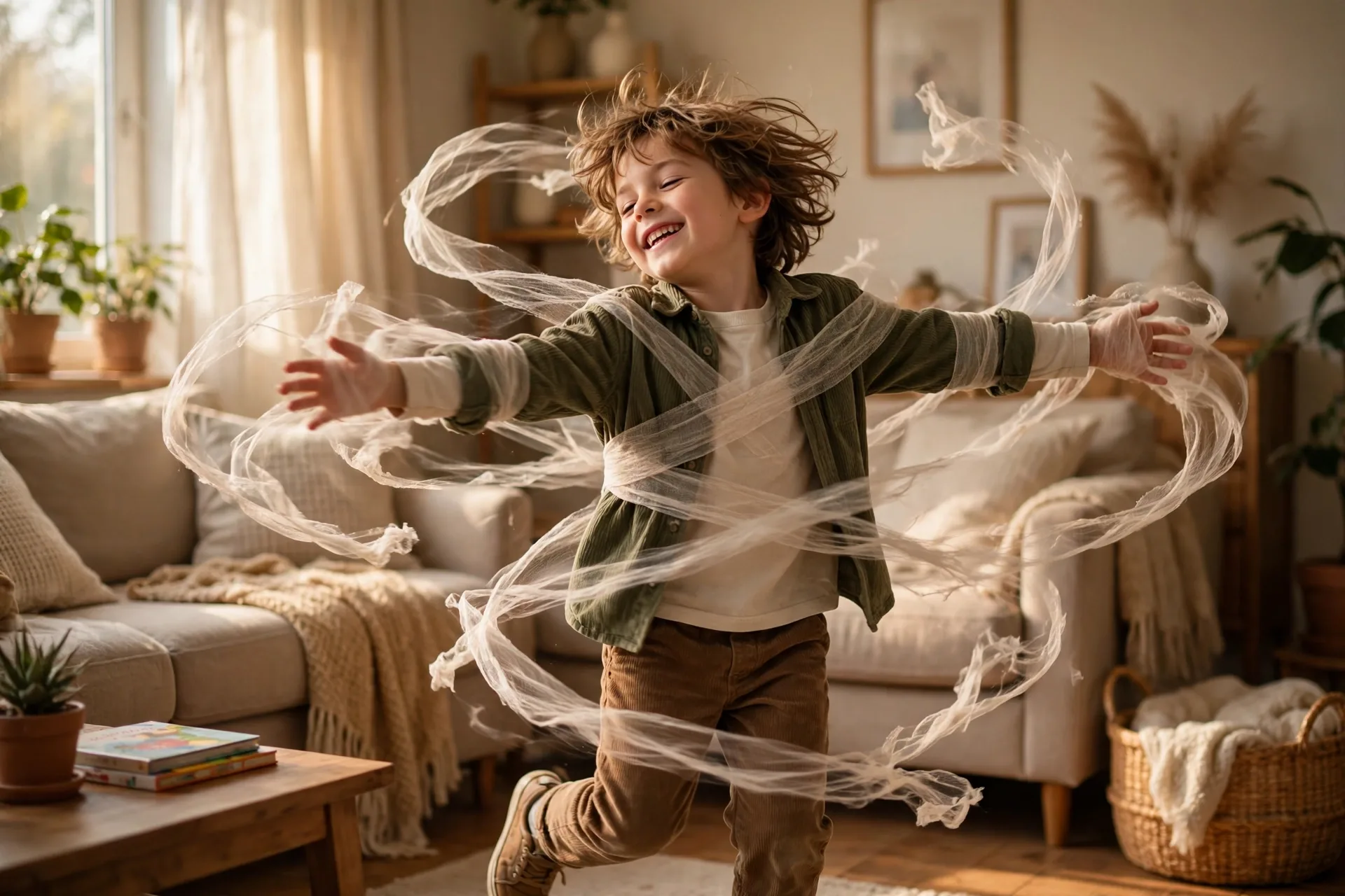 A child acting as a mummy unwrapping invisible bandages while spinning slowly