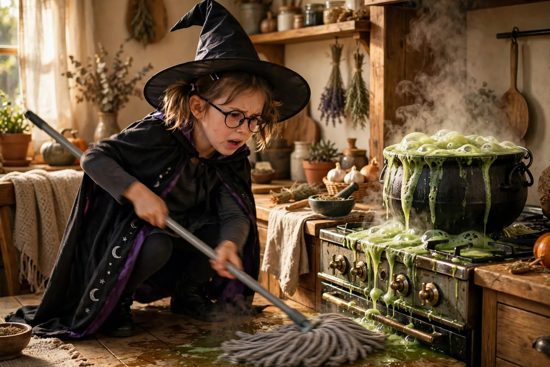 A child acting as a witch whose potion is boiling over, mopping frantically
