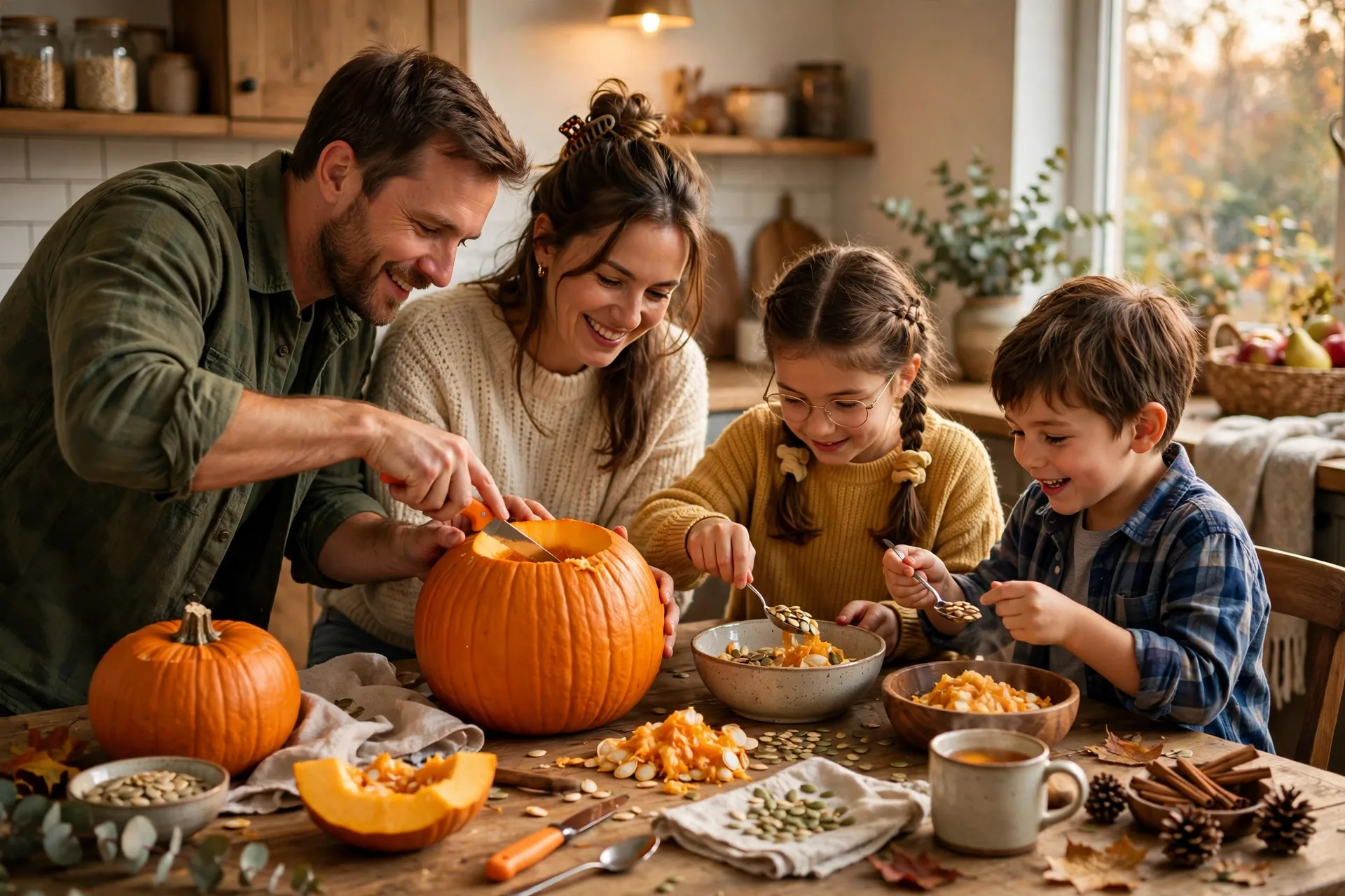 A child acting out carving a pumpkin, scooping guts and carving triangle eyes