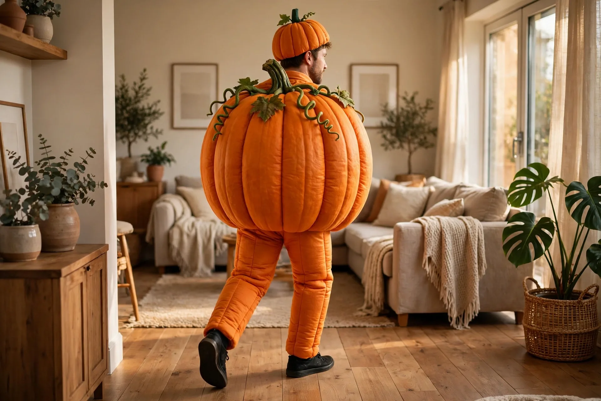 An actor waddling like a round pumpkin that has grown legs and is walking away