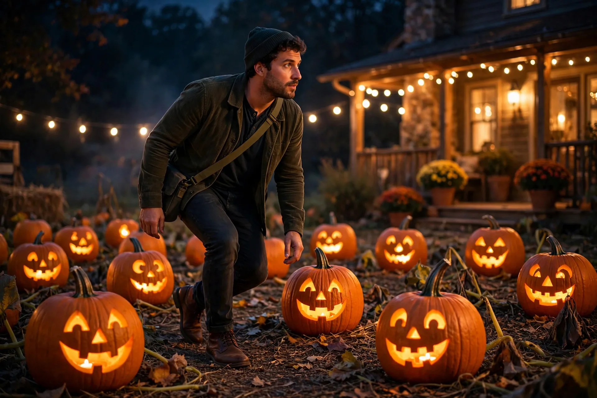 An actor tiptoeing through a pumpkin patch at midnight as the pumpkins grin in the dark