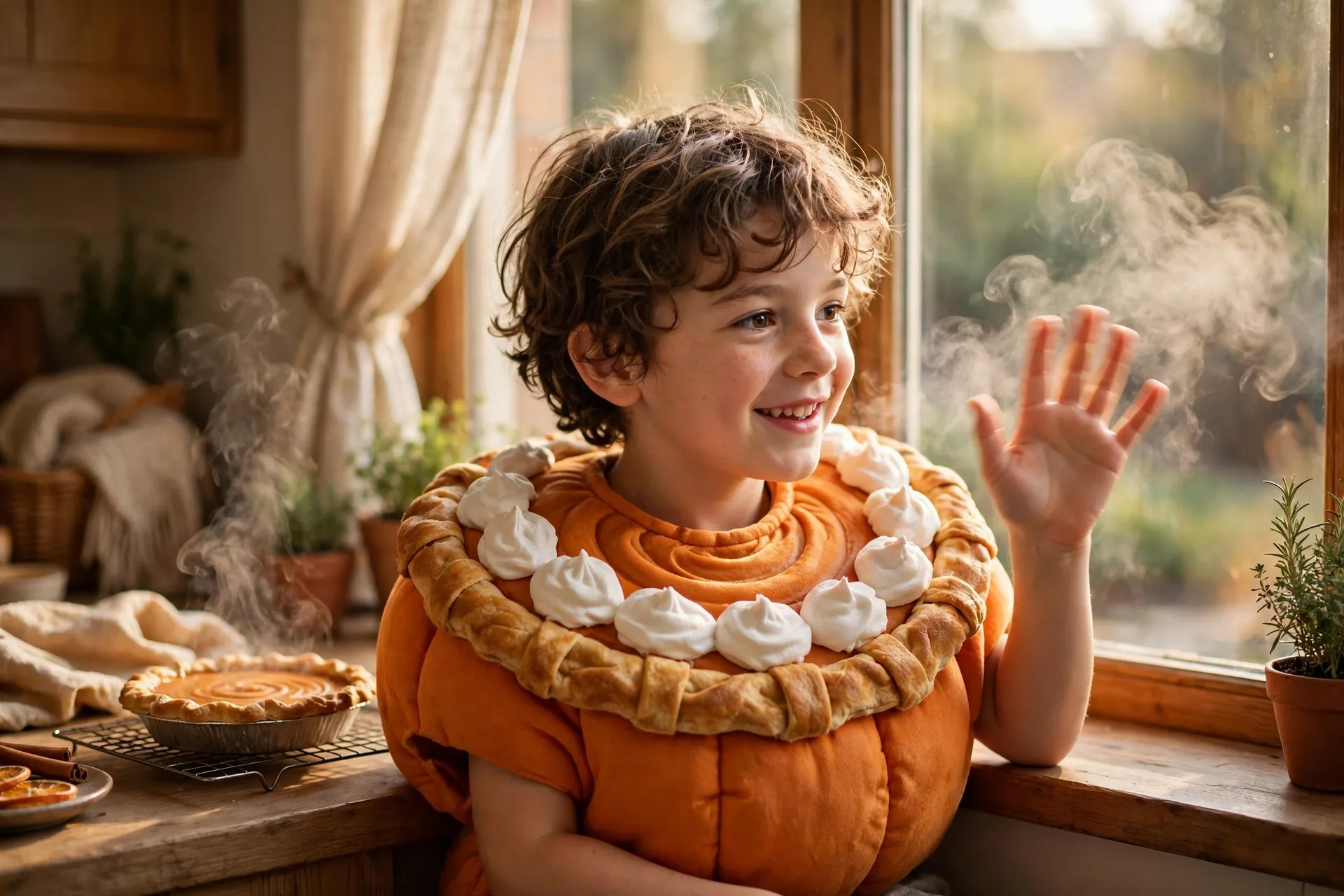 A child actor pretending to be a pumpkin pie cooling on a windowsill, waving steam away