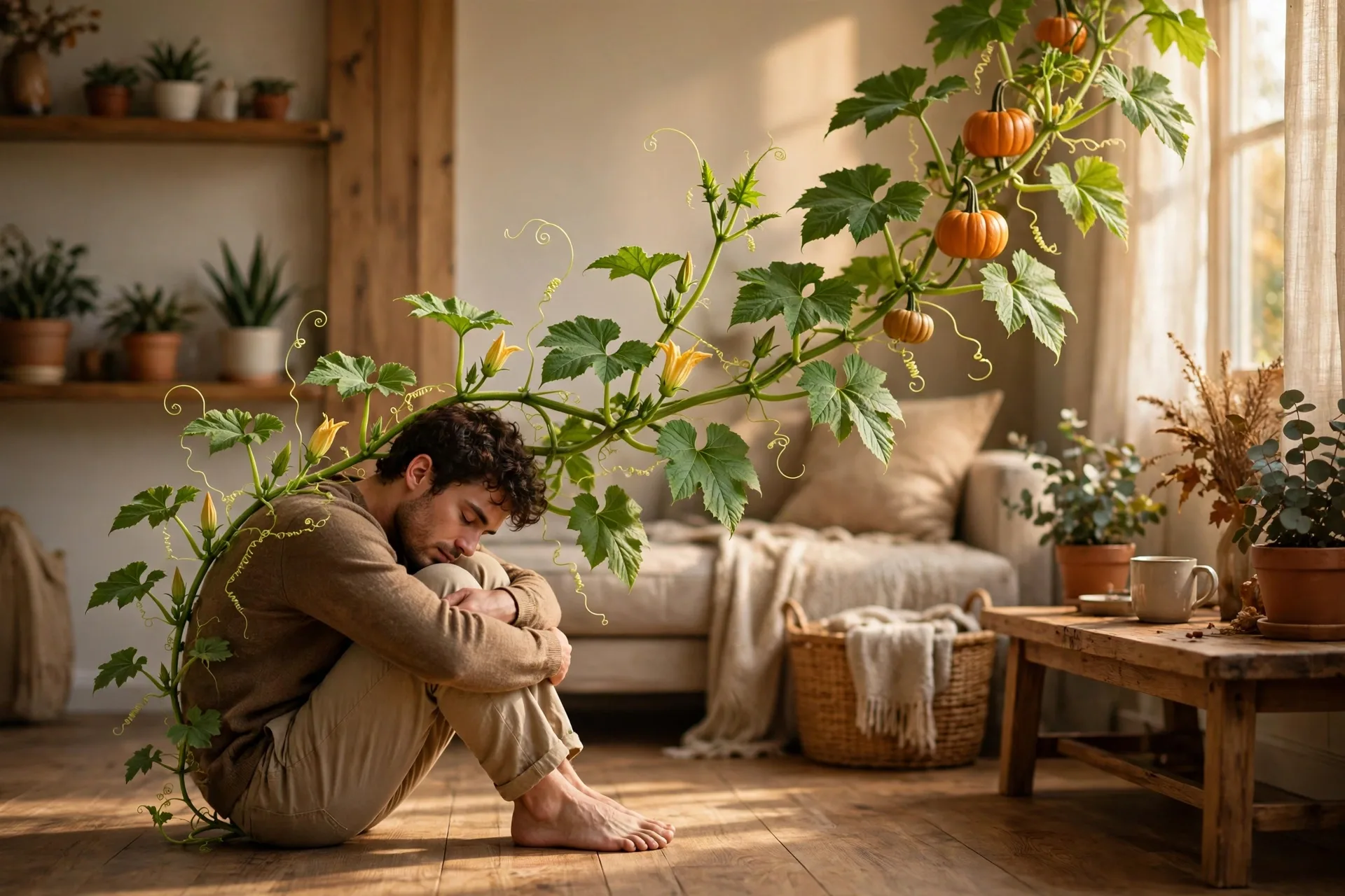 An actor crouching small like a seed, then slowly growing up into a tall pumpkin vine