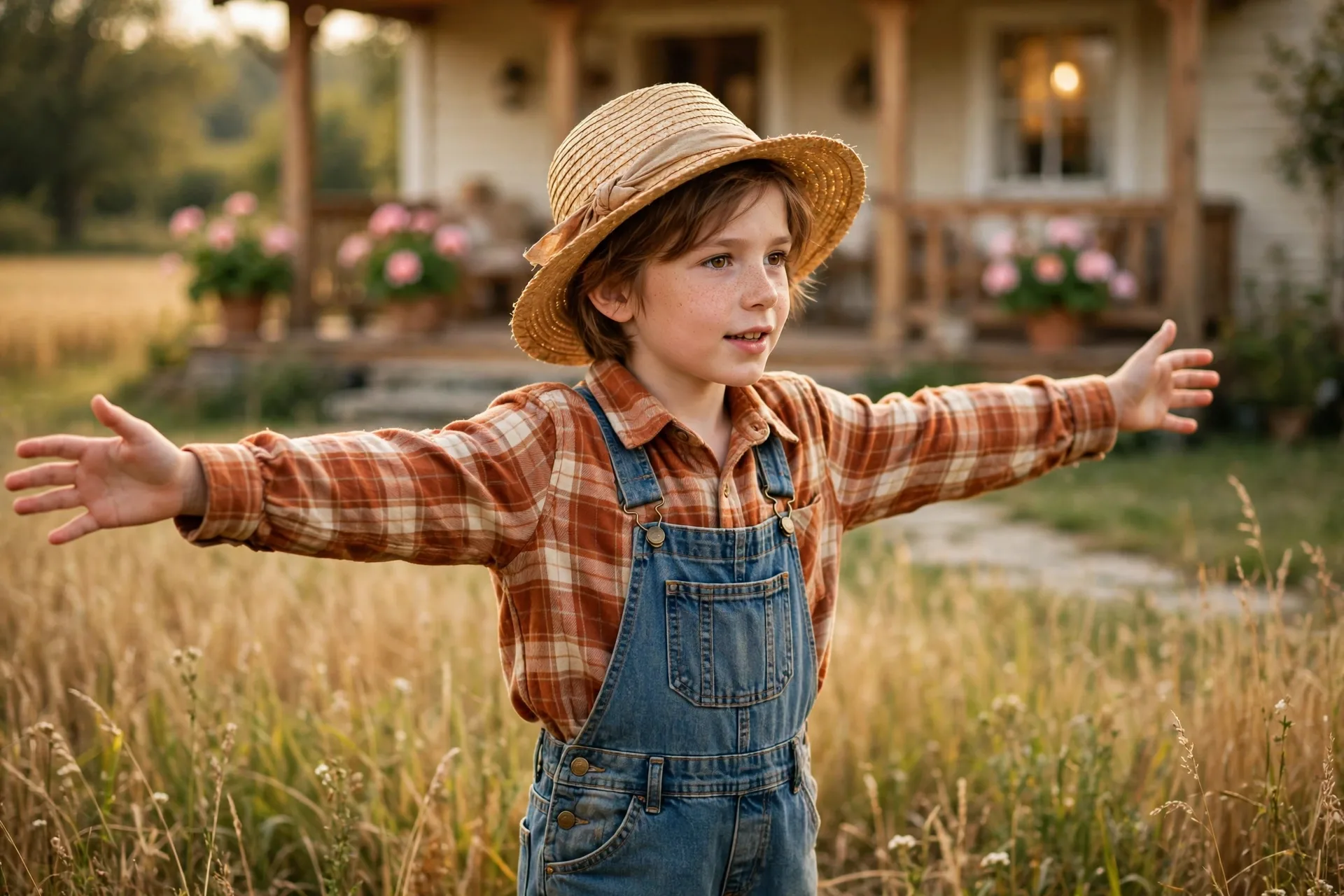 A child actor standing stiff like a scarecrow with arms out, waving slowly in a field