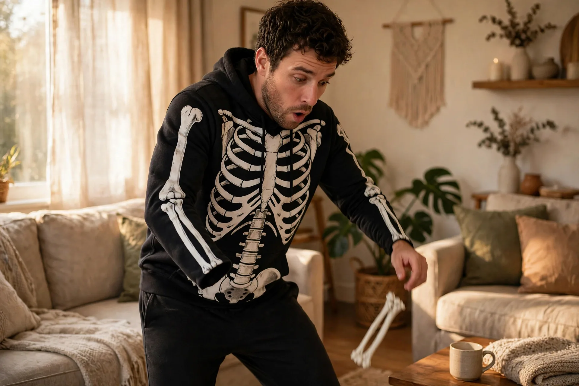 An actor dancing like a skeleton and then looking down in surprise as an arm bone falls off