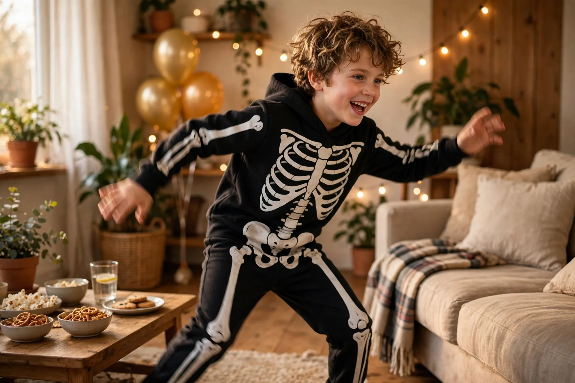A child actor dancing like a wobbly skeleton with rattling arms and legs at a party