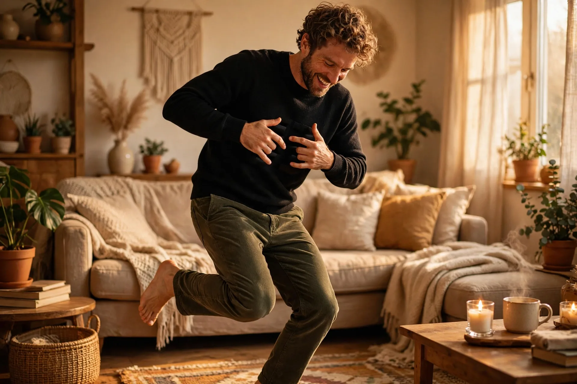 An actor tapping their own ribs like a xylophone while dancing like a skeleton