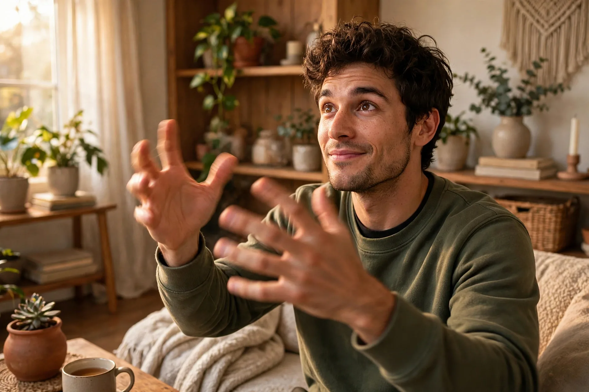 An actor spinning an imaginary web with hands circling around and around in the air