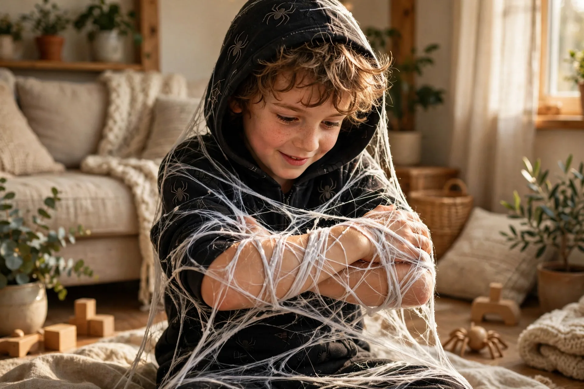 A child acting as a spider tangled in its own web, arms wound around