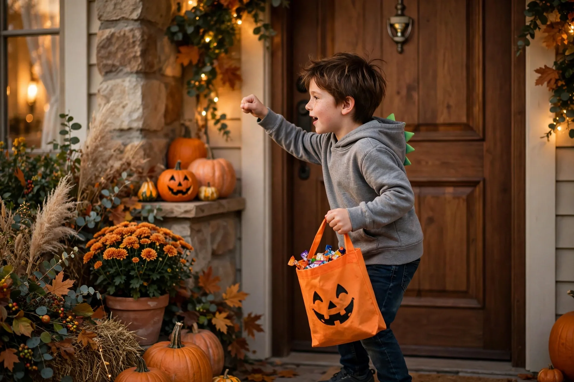 A child acting out trick-or-treating, knocking on a door and holding out a bag