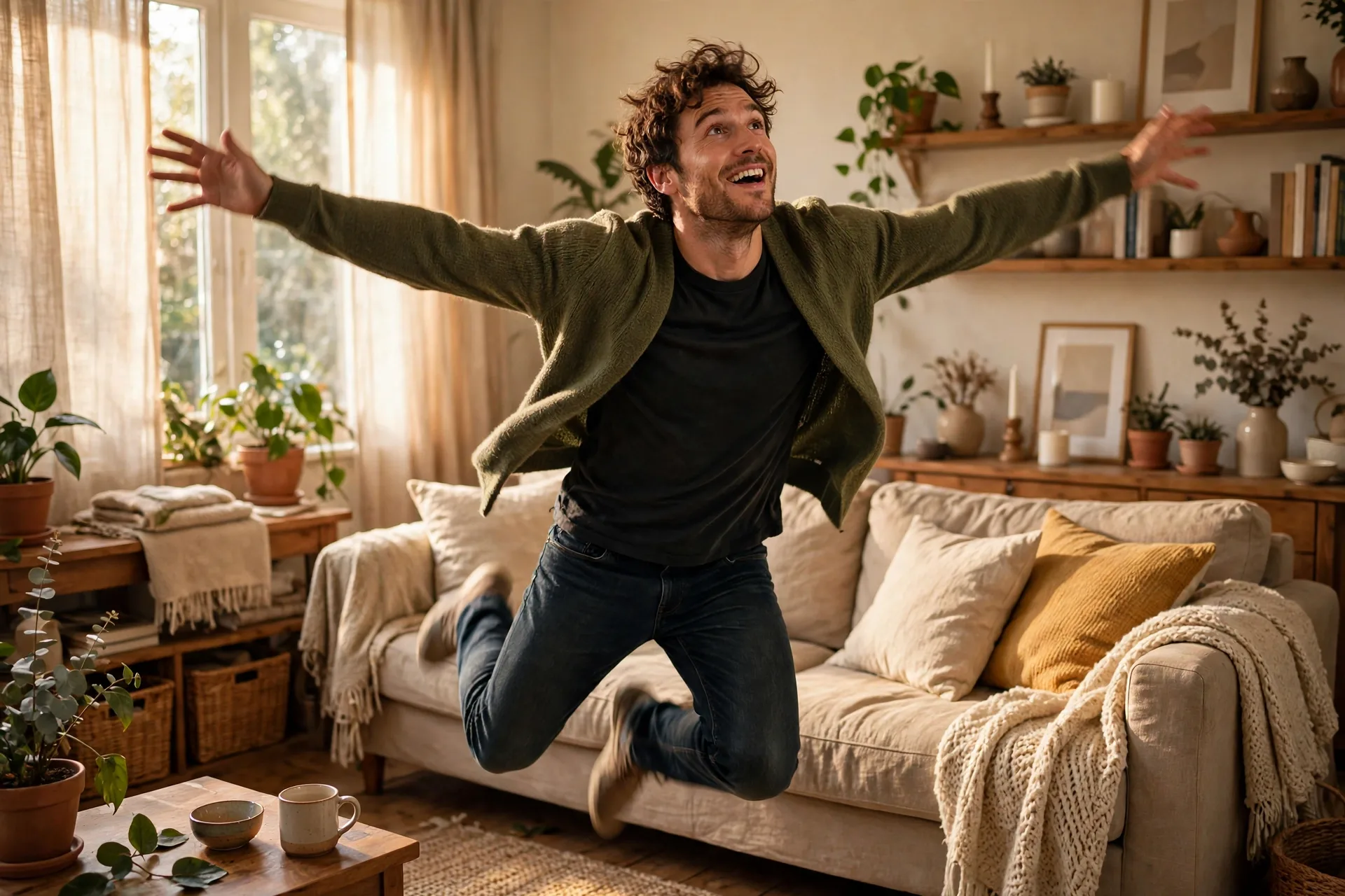 An actor swirling an invisible cape and then flapping arms like a bat taking flight