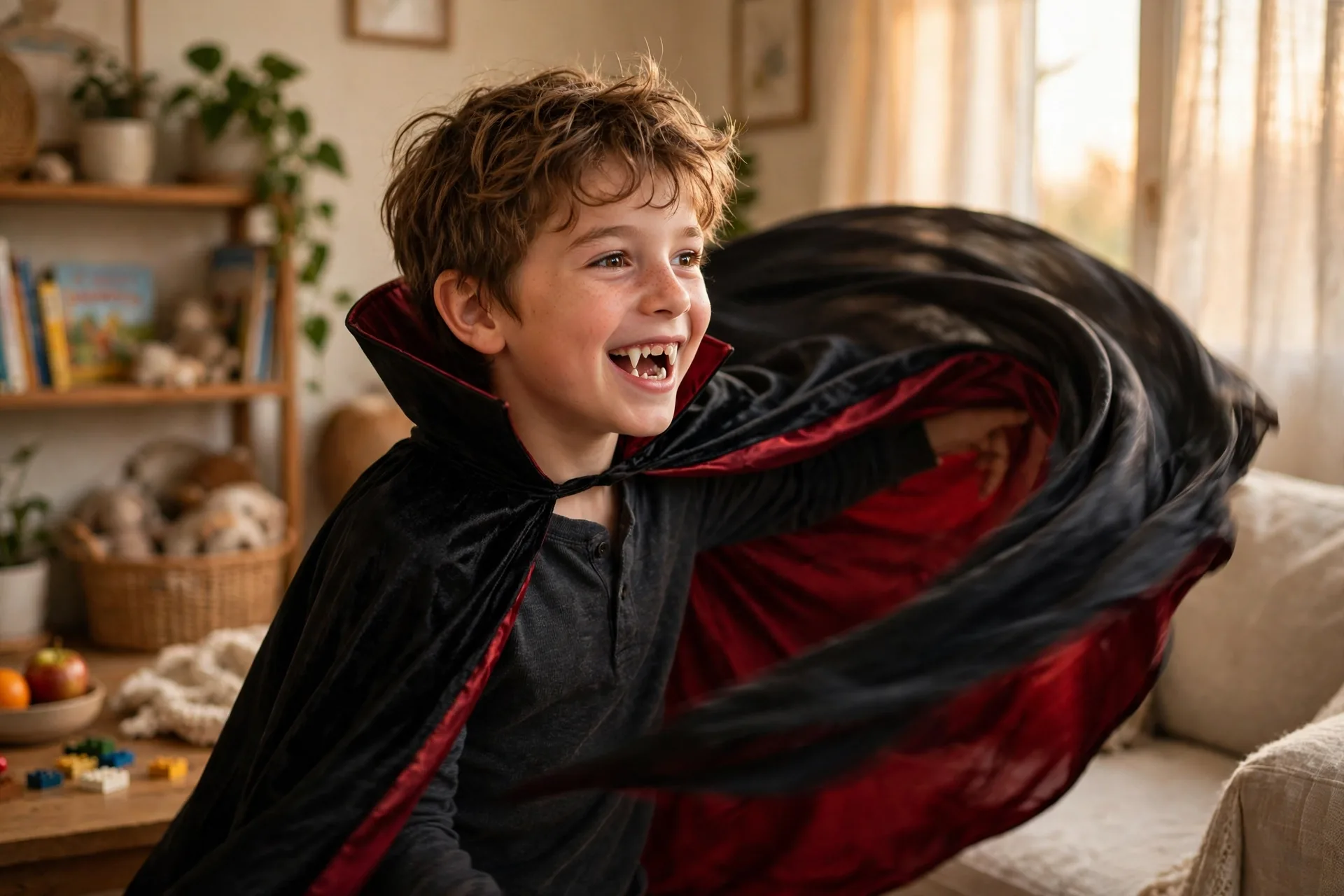 A child acting as a vampire showing fangs with a cape swirl