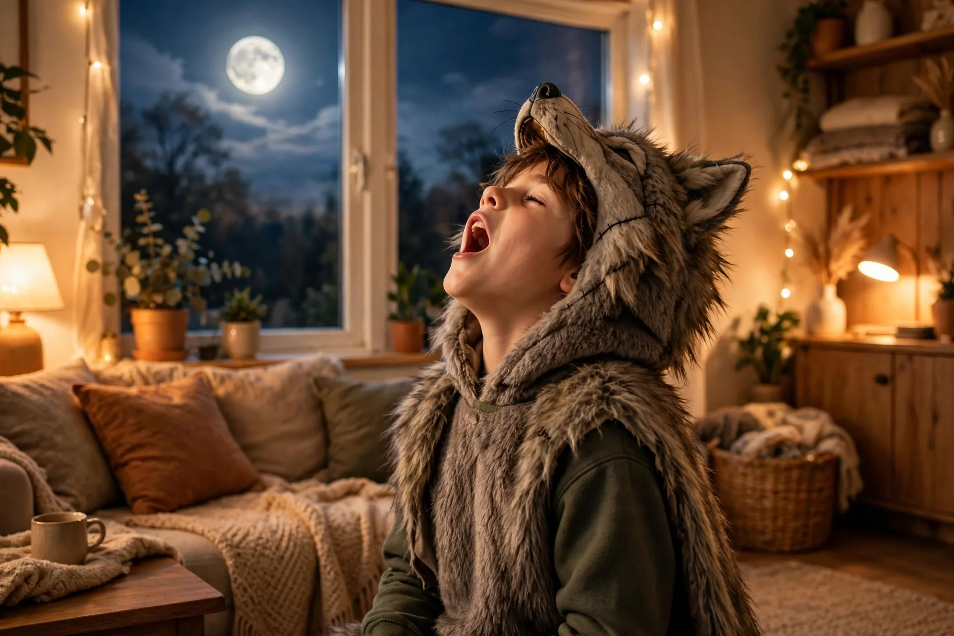 A child acting as a werewolf howling at the moon with head tilted back