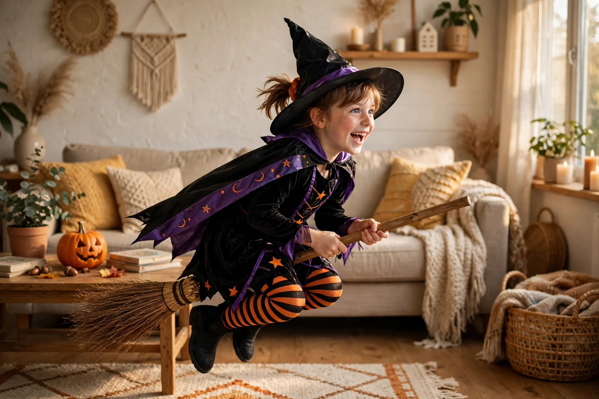 A child acting as a witch flying on a broomstick in a wobbly circle