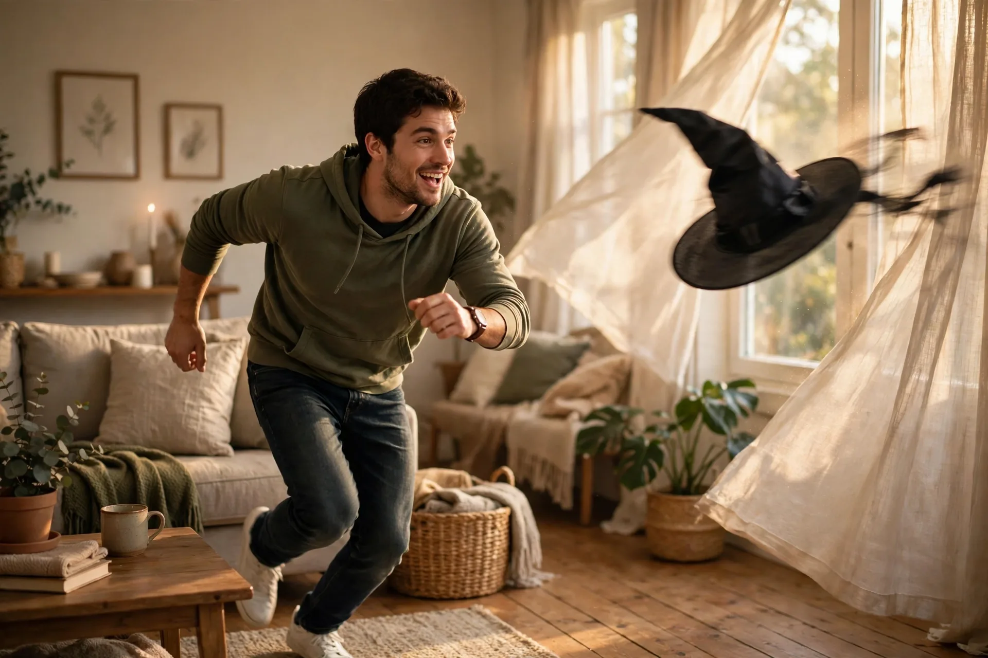 An actor chasing a witch hat blown away by the wind across the room