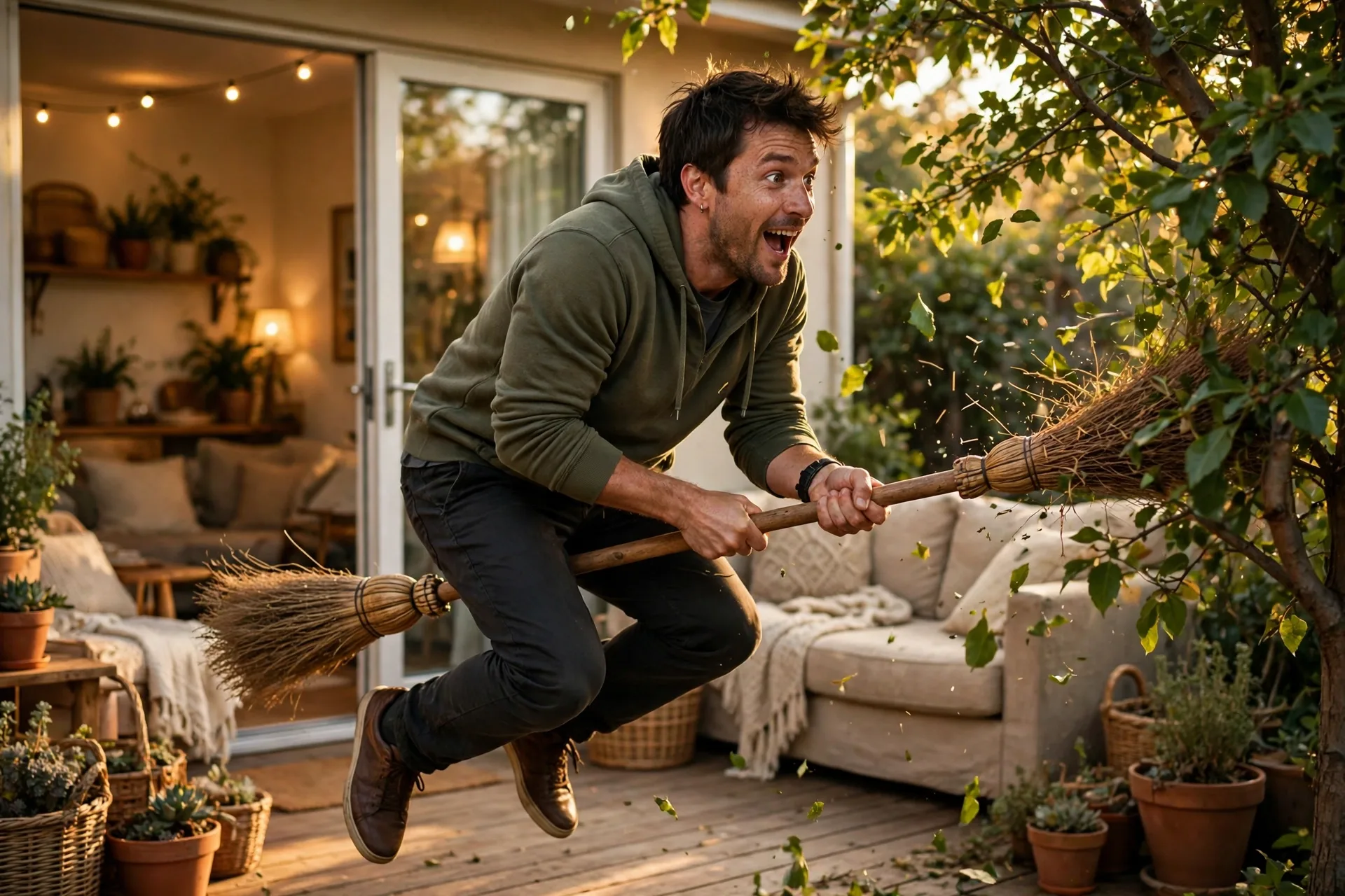An actor zooming on an imaginary broomstick and then crashing gently into a tree