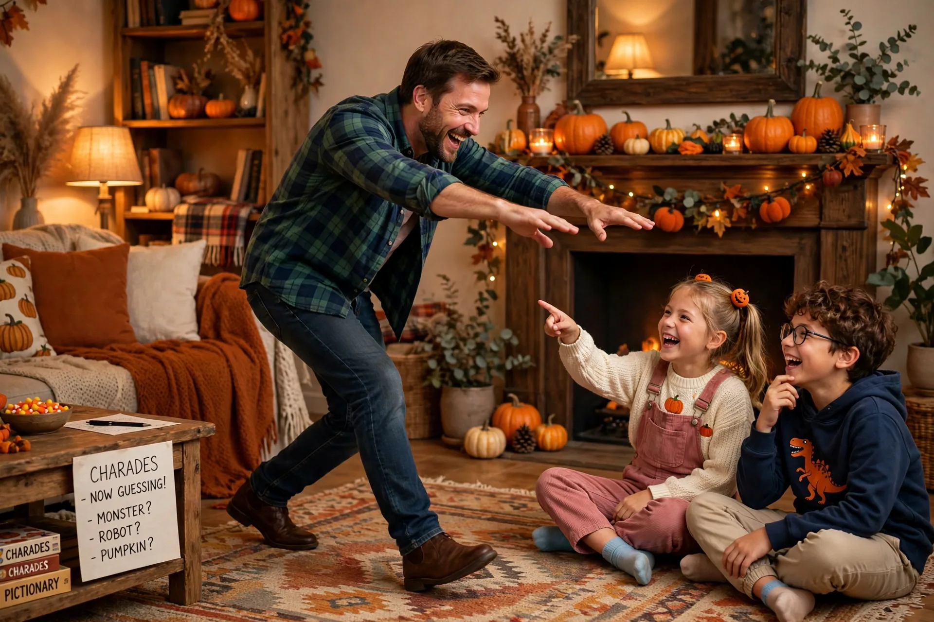 A dad acting out a zombie walk with arms straight out while the kids guess during a Halloween charades game