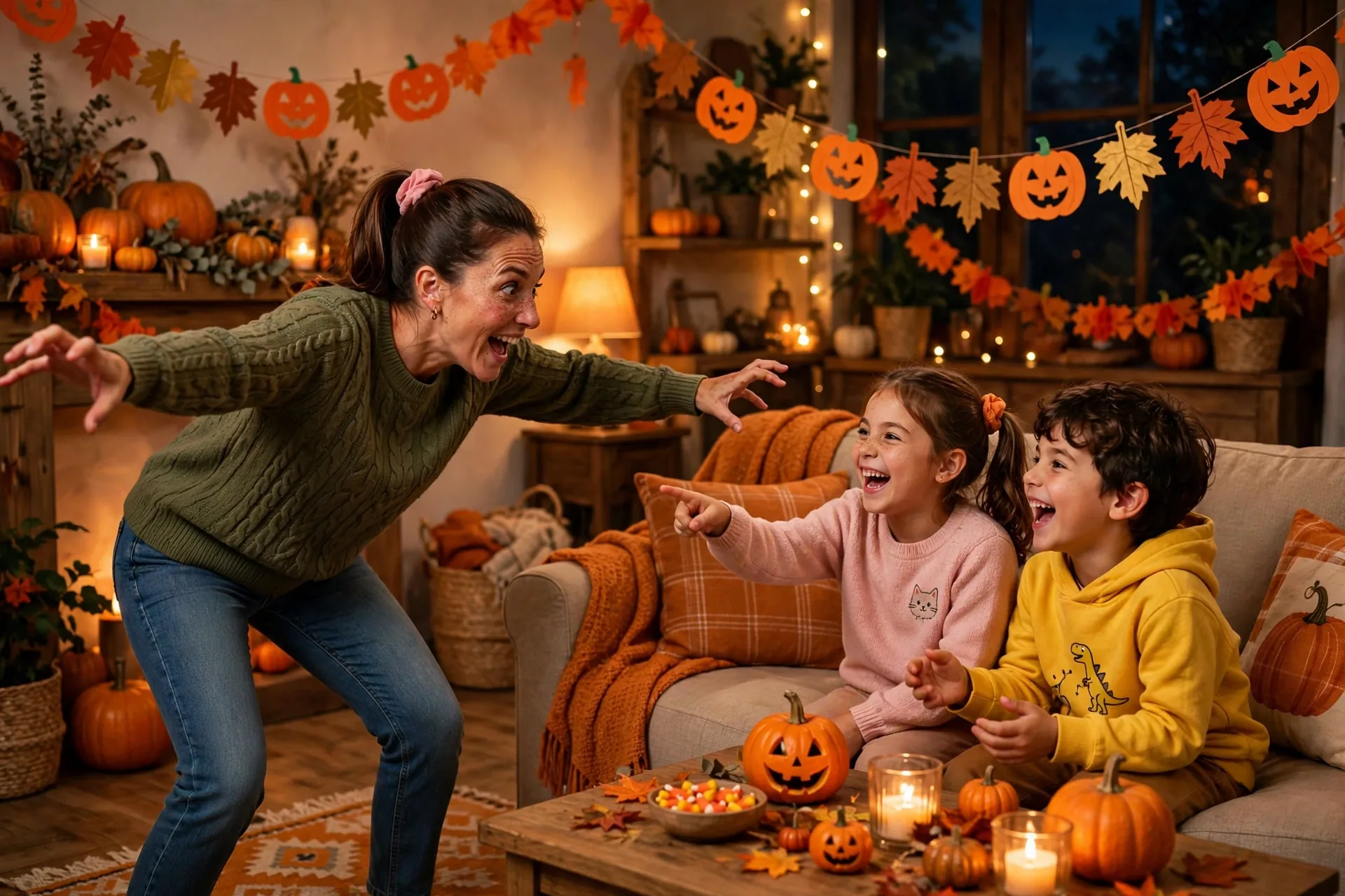 Mom acting out a Halloween charade as a zombie while her family laughs and guesses on the couch