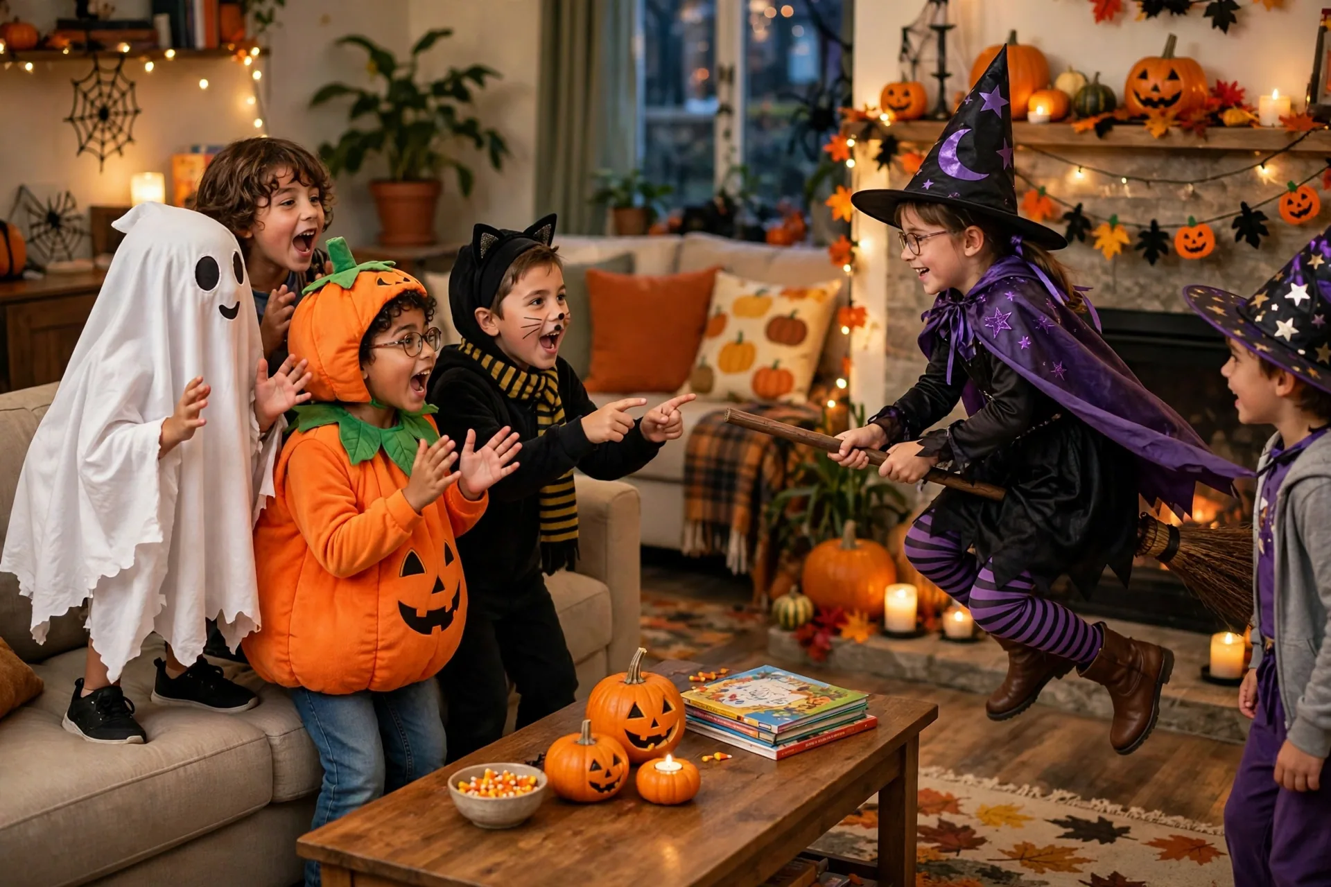 Two teams of kids in Halloween costumes playing charades, one acting as a witch on a broomstick