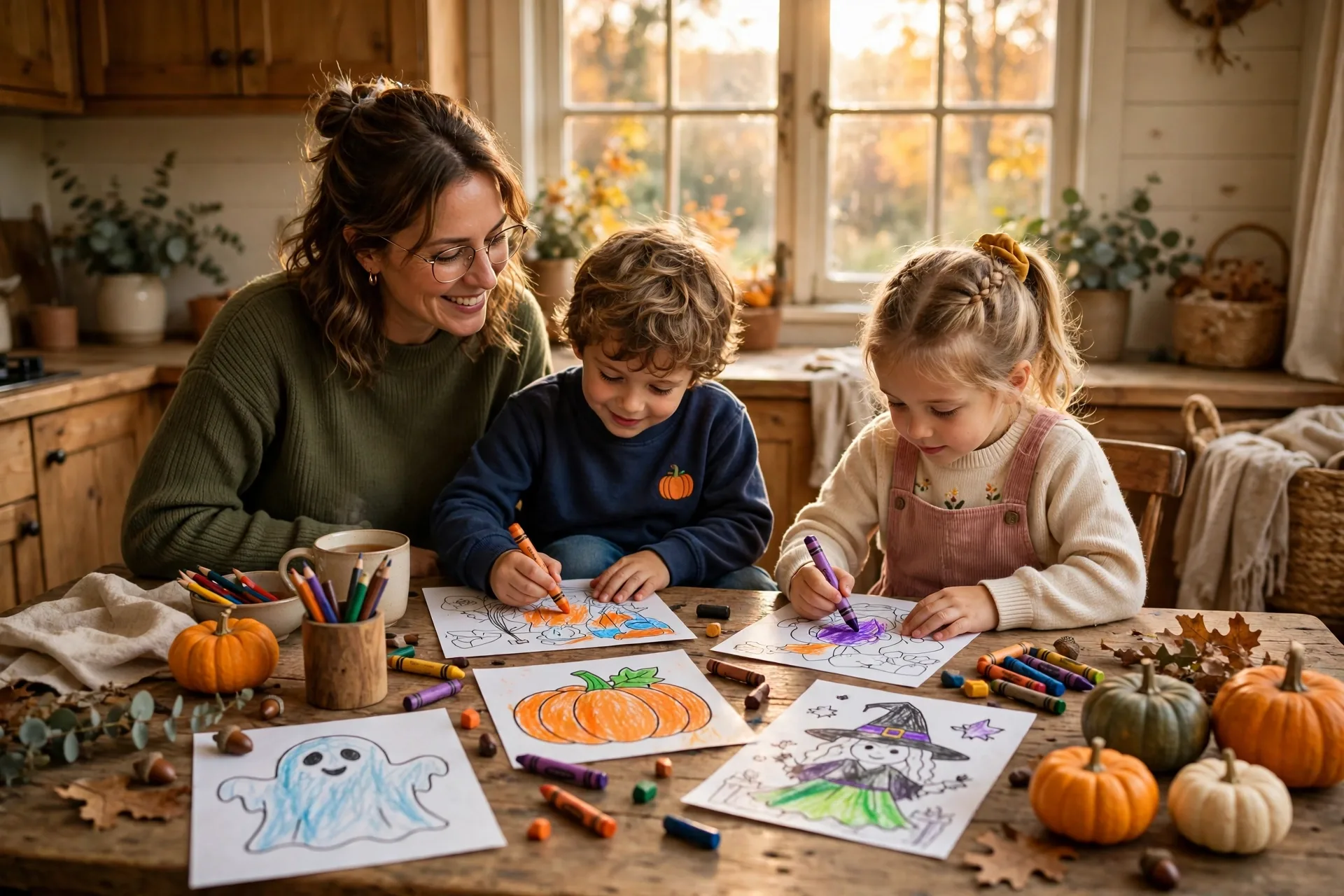 Mom and two young kids coloring Halloween pages together at a kitchen table with pumpkins and crayons