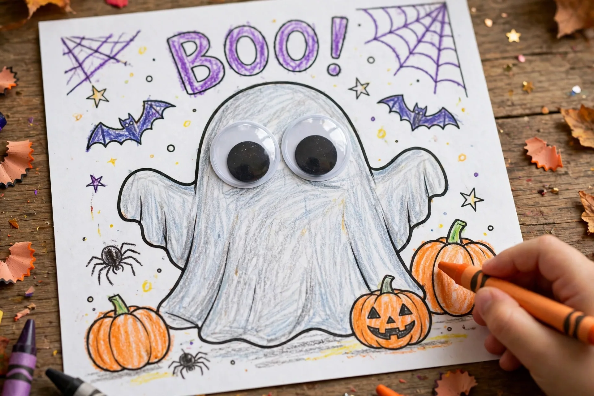 Finished Halloween ghost coloring page with googly eyes stuck on the ghost's face and a child's hand with an orange crayon
