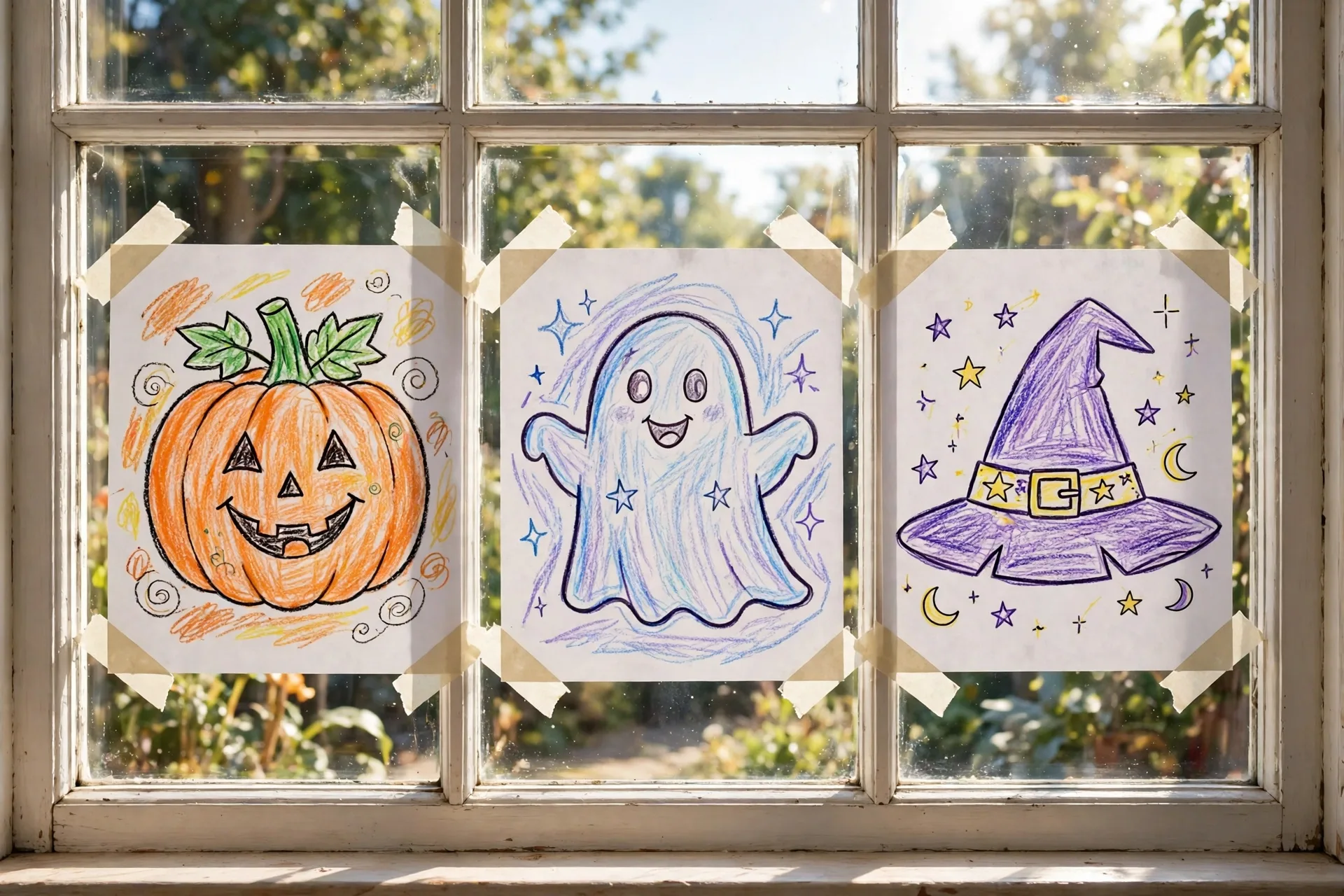 Finished Halloween coloring pages taped as a gallery on a bright sunlit window