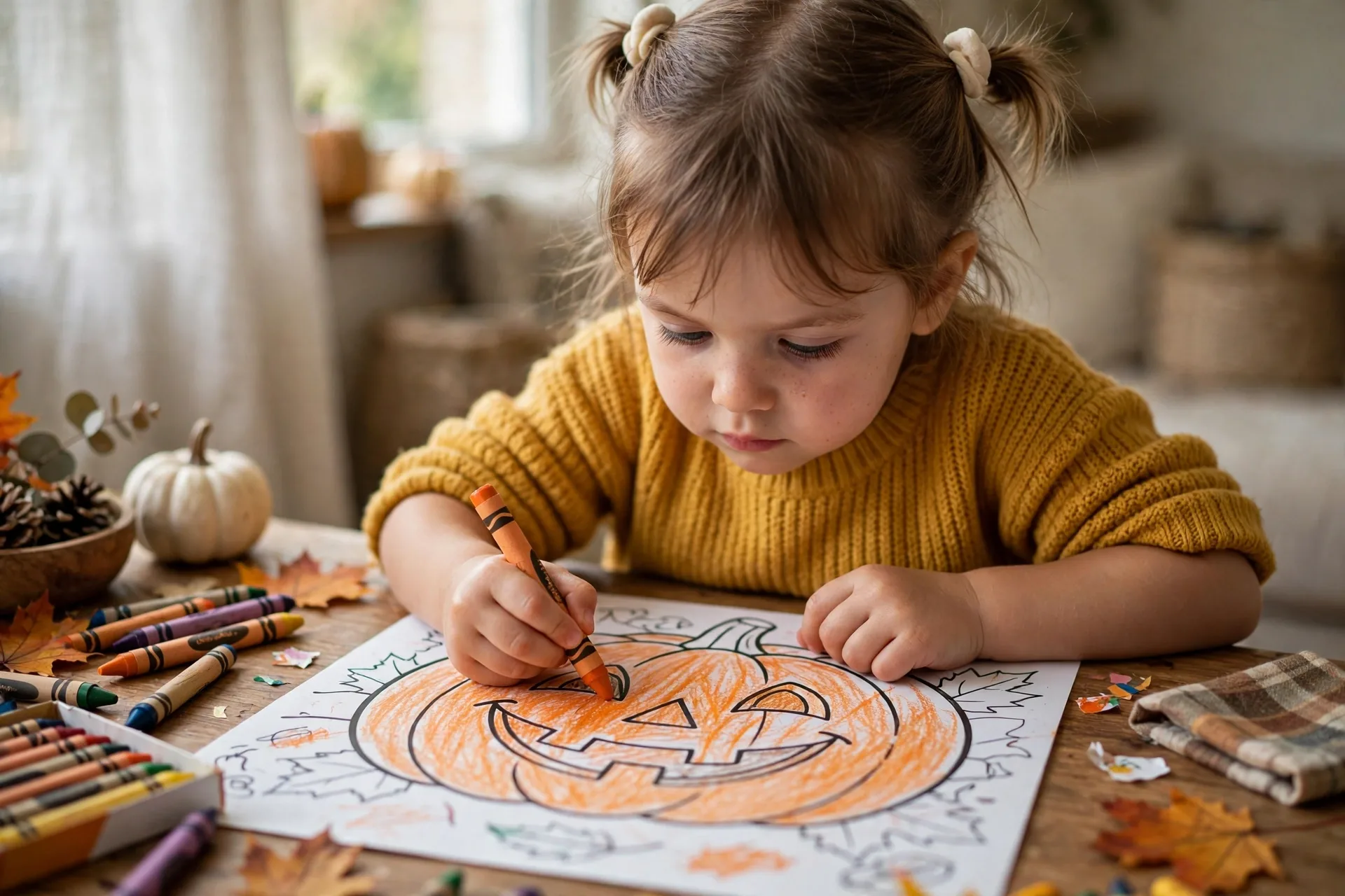 Four-year-old girl coloring a big smiling pumpkin Halloween page with a chunky orange crayon