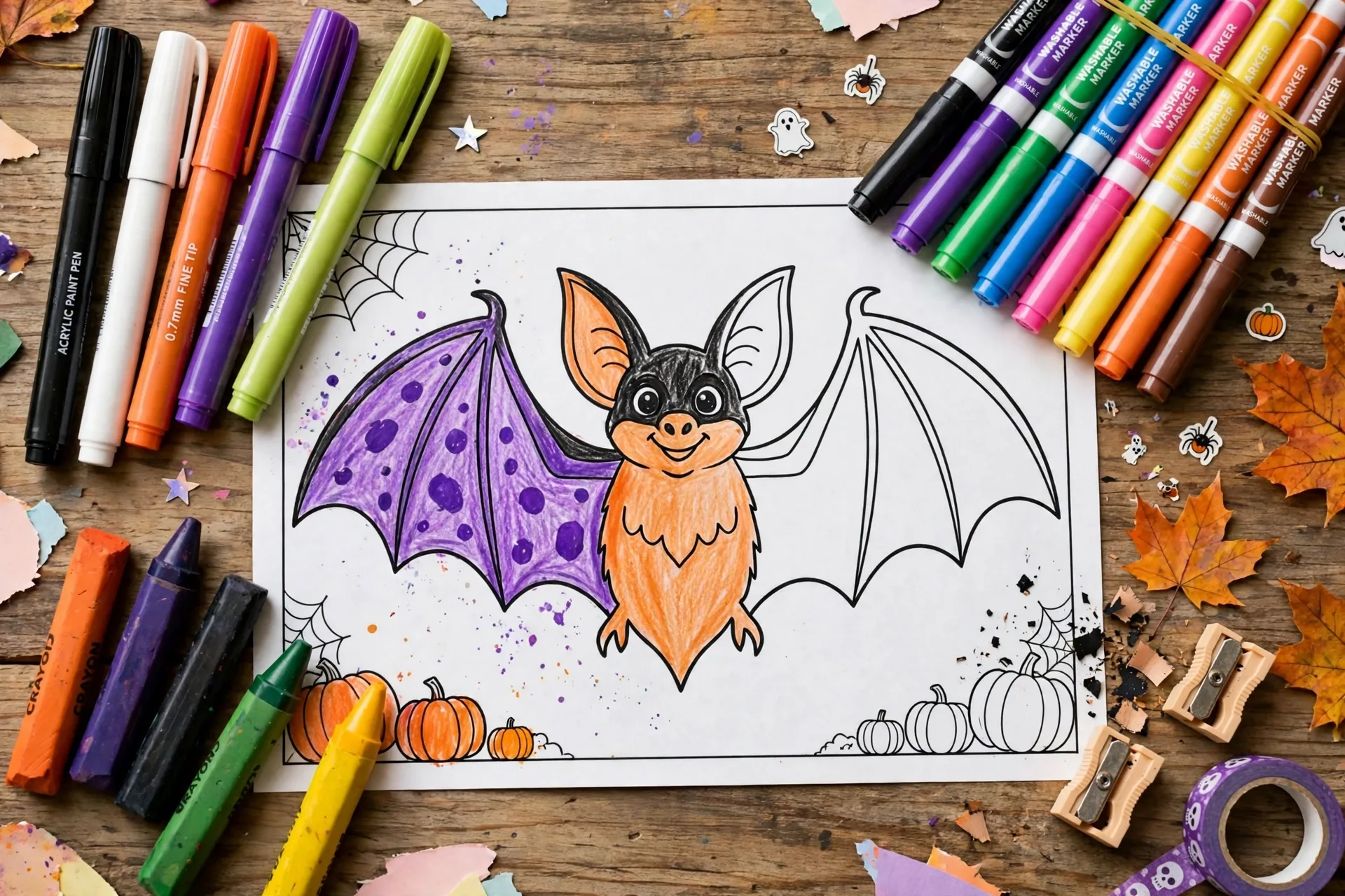 Flat-lay of Halloween coloring tools: paint pens, markers, crayons and a half-colored bat page