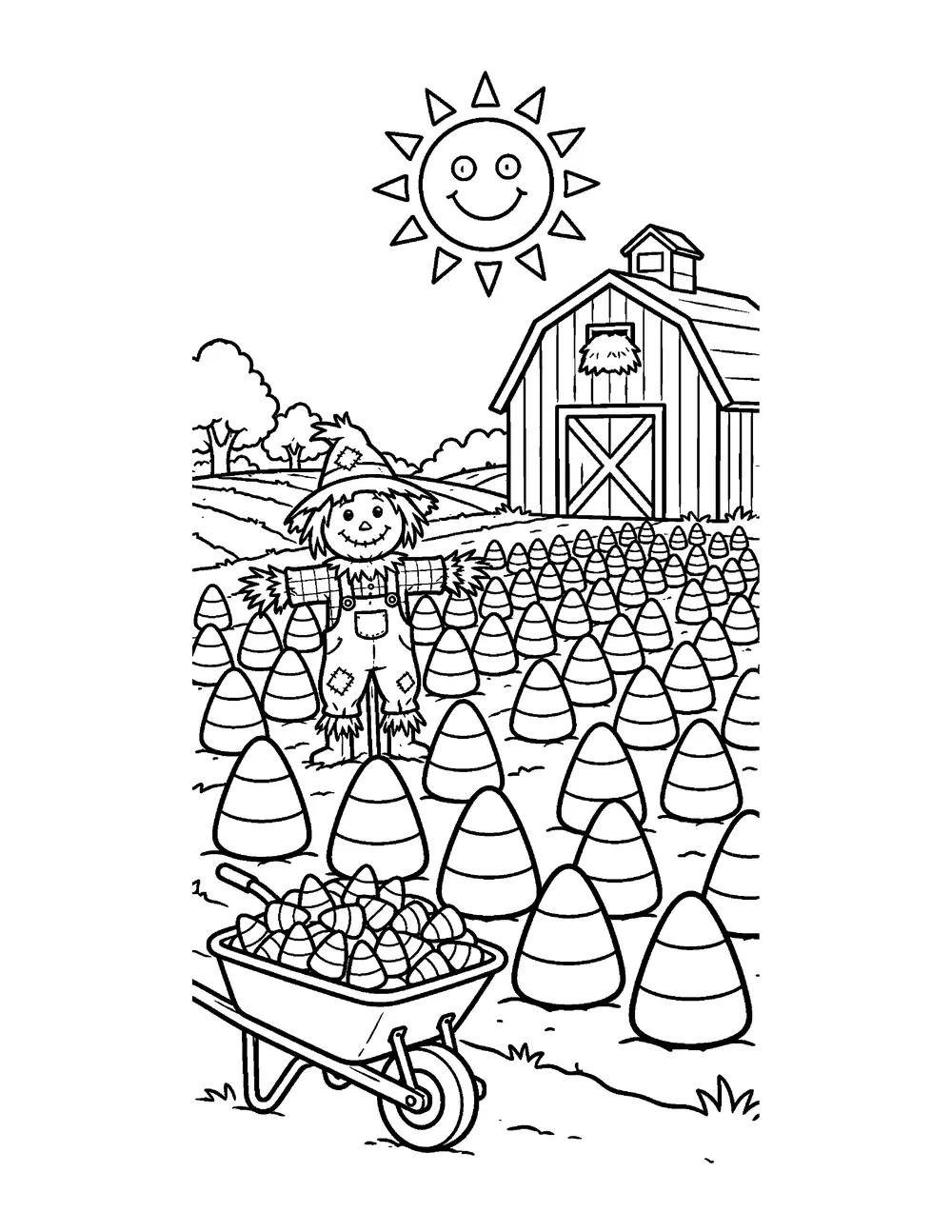 Free printable Candy Corn Farm Halloween coloring page for kids