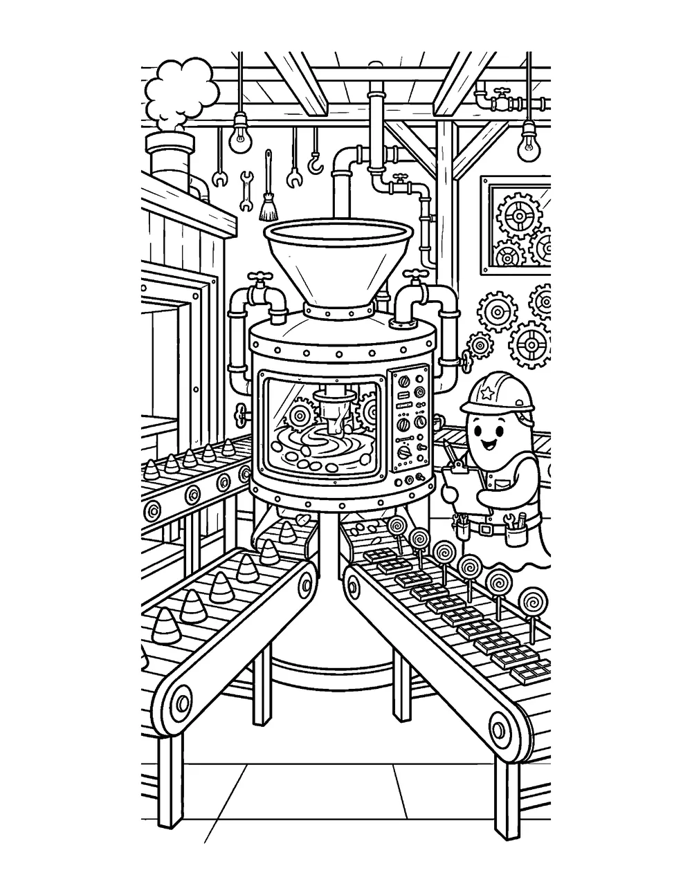 Free printable Candy Factory Halloween coloring page for kids