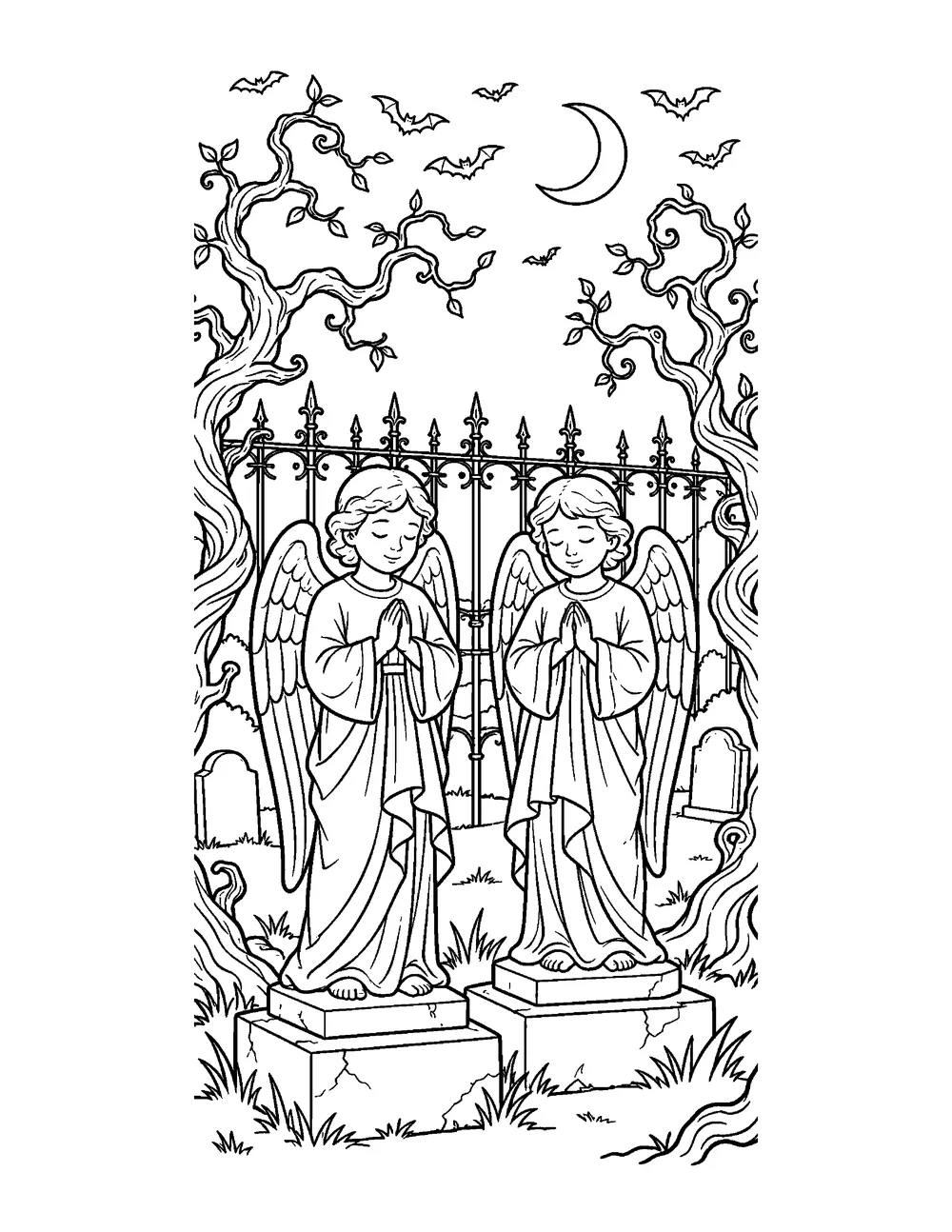 Free printable Cemetery Angels Halloween coloring page for kids
