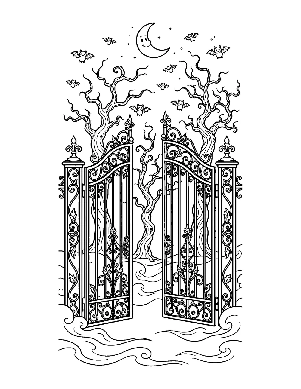 Free printable Cemetery Gate at Midnight Halloween coloring page for kids