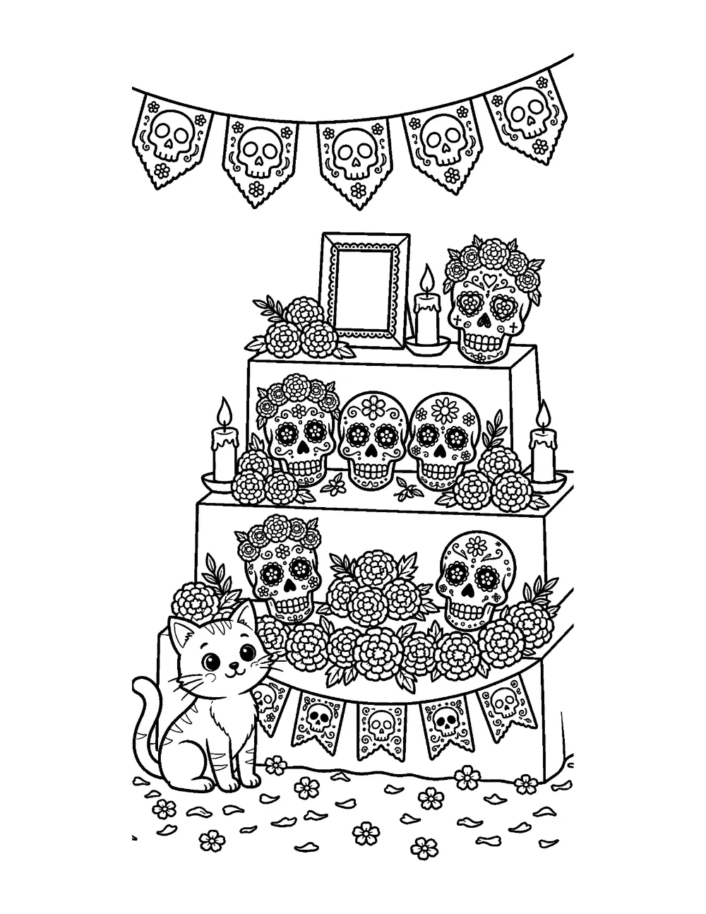 Free printable Day of the Dead Altar Halloween coloring page for kids