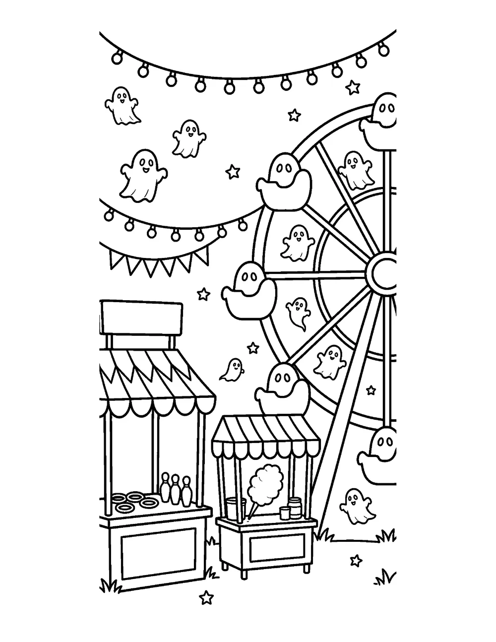 Free printable Ghost Carnival Halloween coloring page for kids