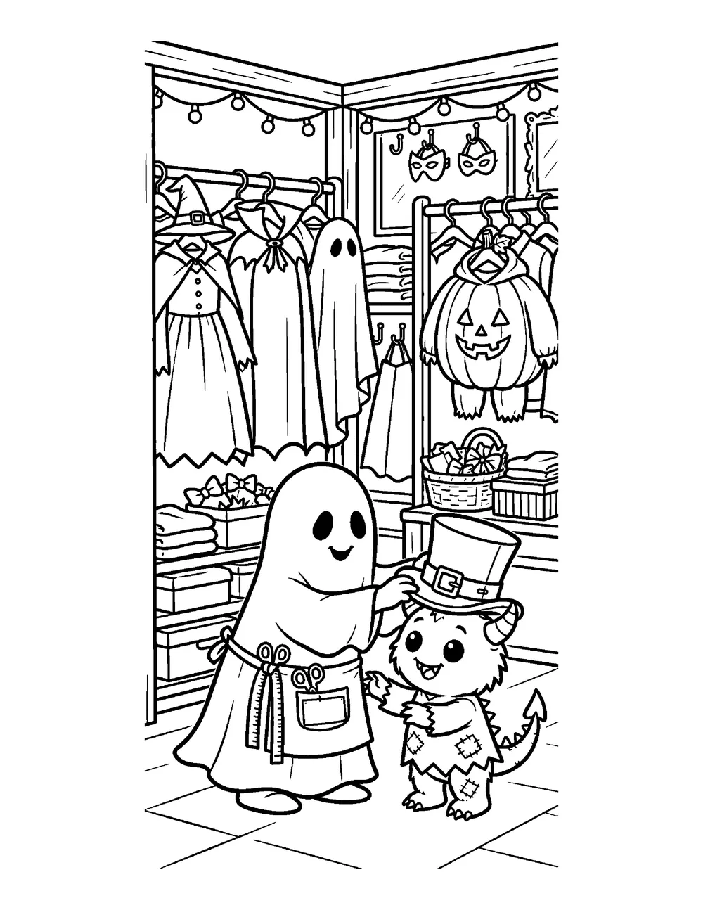 Free printable Ghost Costume Shop Halloween coloring page for kids
