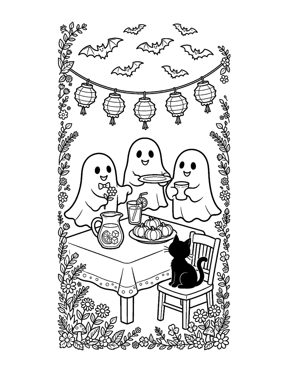Free printable Ghost Garden Party Halloween coloring page for kids