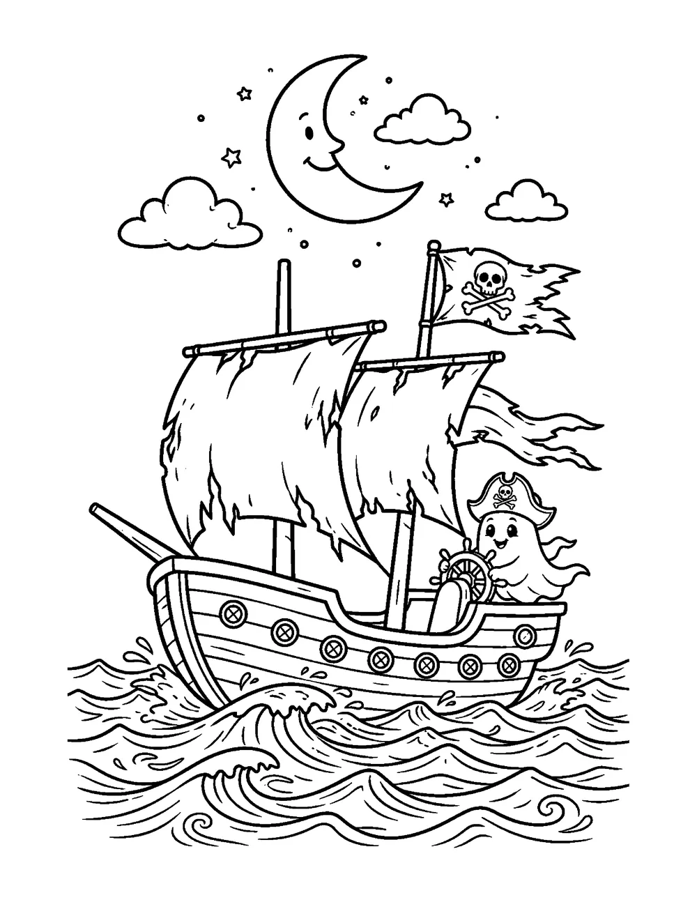 Free printable Ghost Pirate Ship Halloween coloring page for kids