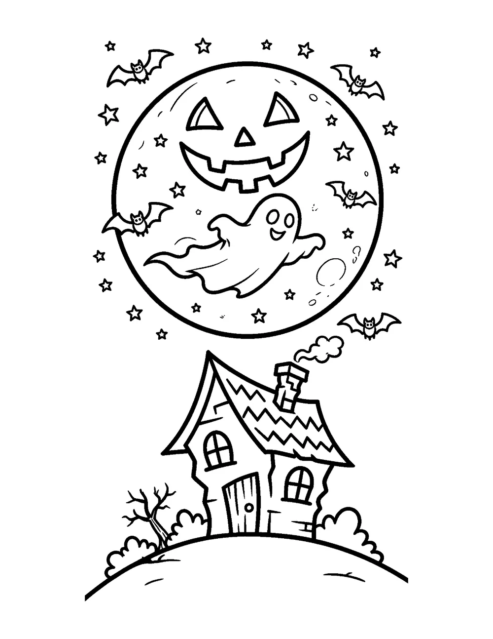 Free printable Ghost Pumpkin Moon Halloween coloring page for kids